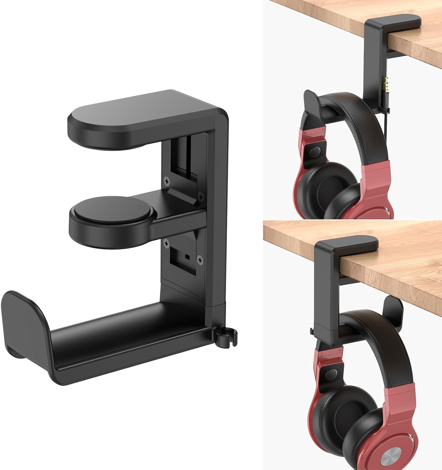 3-in-1 PC Gaming Headphone  Controller Holder - EURPMASK Headphones Hanger w/Adjustable  Rotating Arm Clamp,Headphone Stand Under Desk, Universal Headset Controllers Hook with Cable Organizer-Black