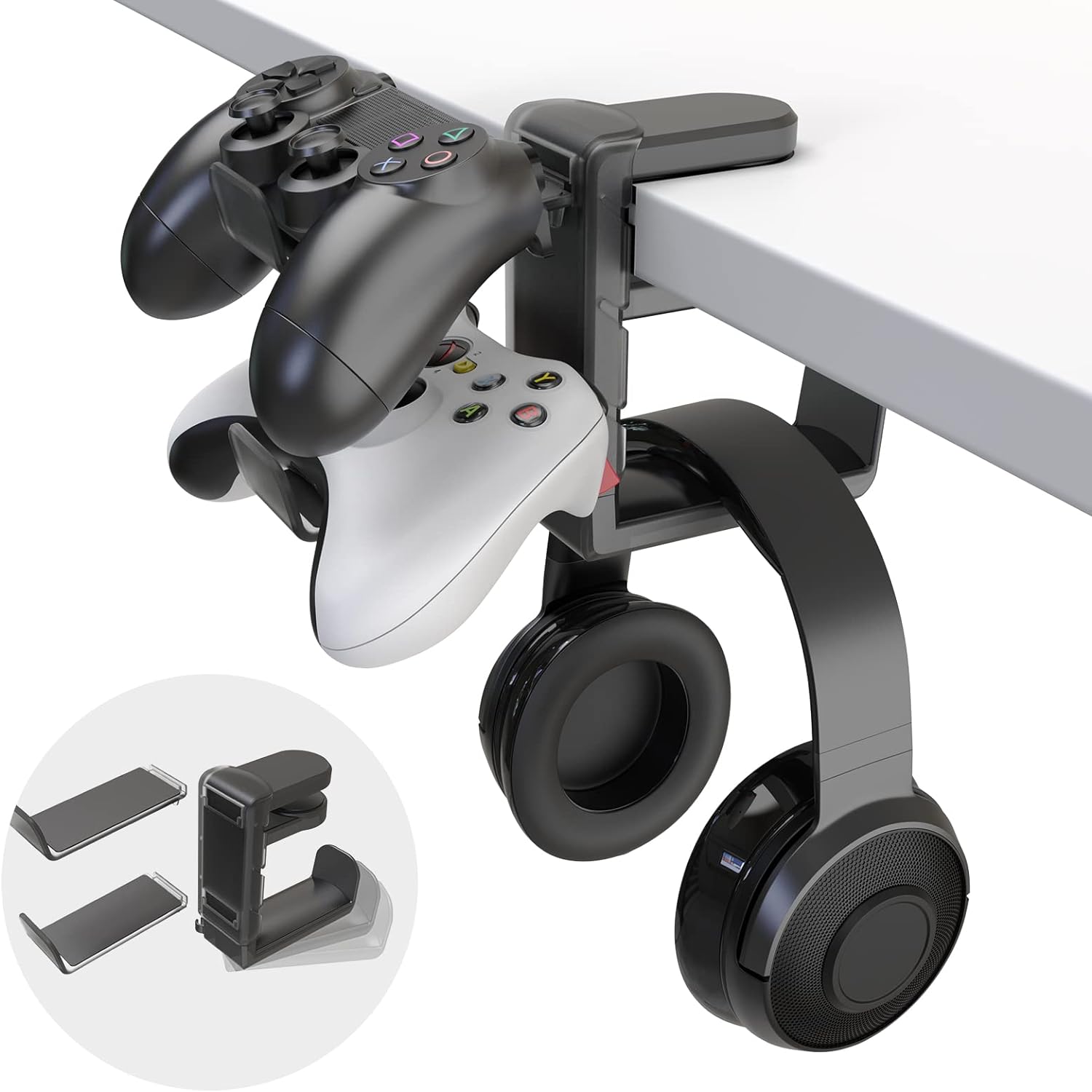 3-in-1 PC Gaming Headphone  Controller Holder - EURPMASK Headphones Hanger w/Adjustable  Rotating Arm Clamp,Headphone Stand Under Desk, Universal Headset Controllers Hook with Cable Organizer-Black