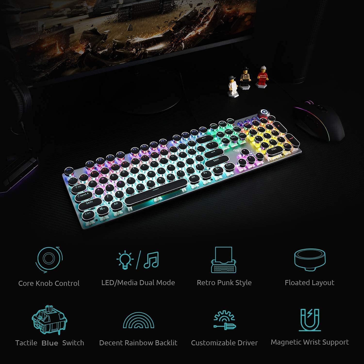 AULA F2088 Typewriter Style Mechanical Gaming Keyboard Blue Switches,Rainbow LED Backlit,Removable Wrist Rest,Media Control Knob,Retro Punk Round Keycaps,USB Wired Computer Keyboard