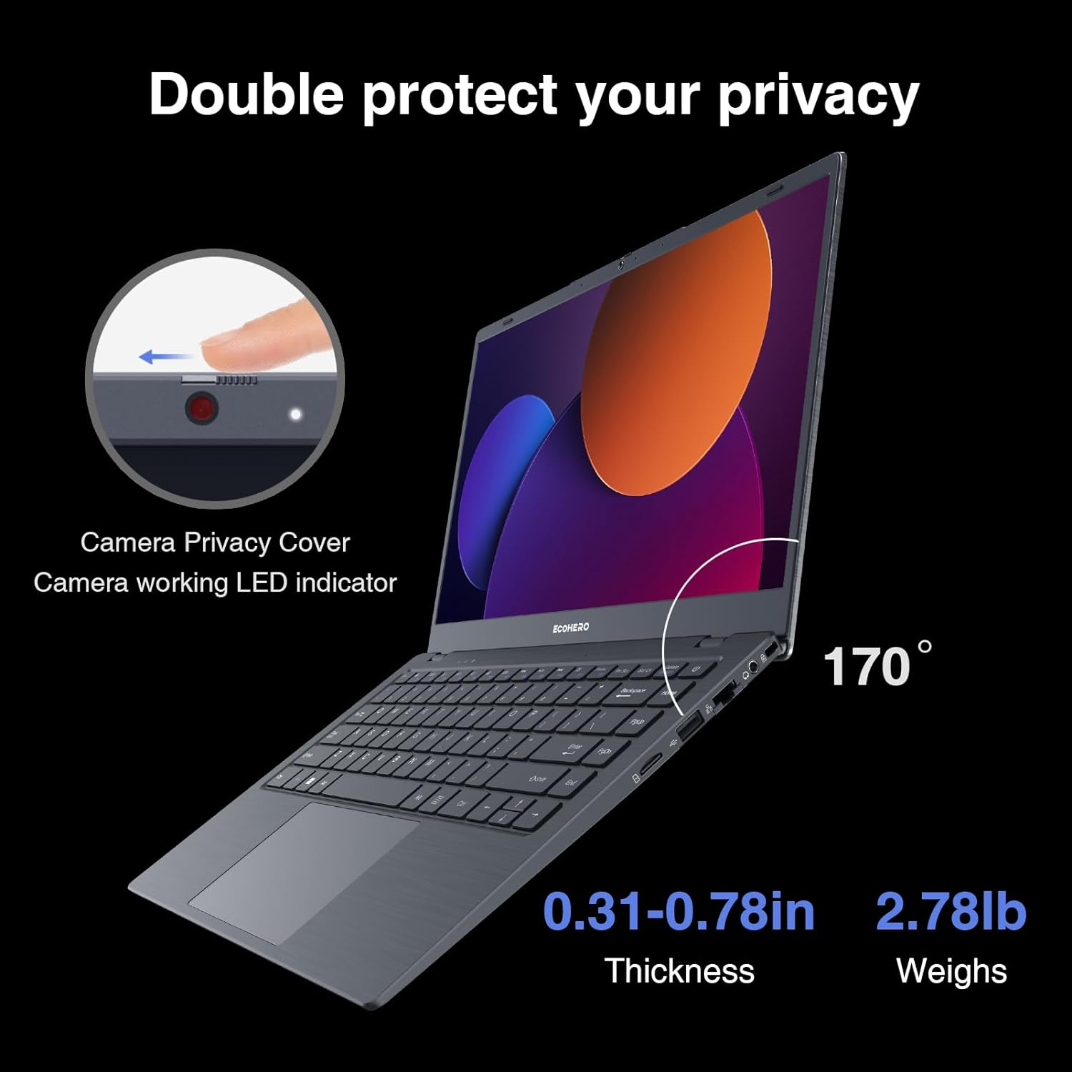 ECOHERO Laptop Computer, 12GB DDR4 RAM 256GB SSD, Intel J4005 Processor (Up to 2.7GHz), 14 Inch FHD 1920x1080 Display, Windows 11 Laptops Computers, 2.4G/5G WiFi and Bluetooth 5.1