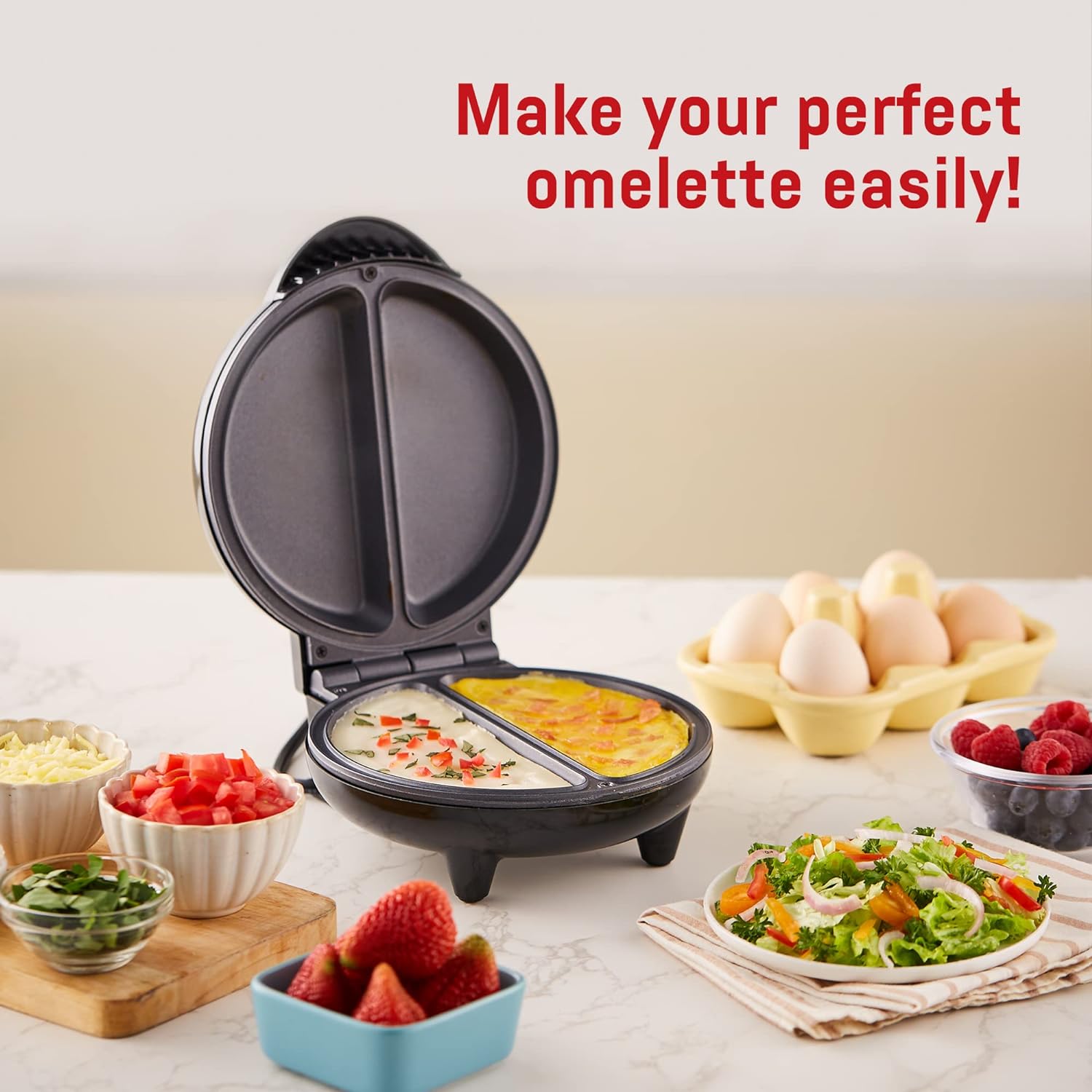 Elite Gourmet EOM205 Non-Stick Omelet, Frittata, Snack Pocket Maker, Dessert Maker, 2 Individual 6.5 Omelets, Stainless Steel and Black