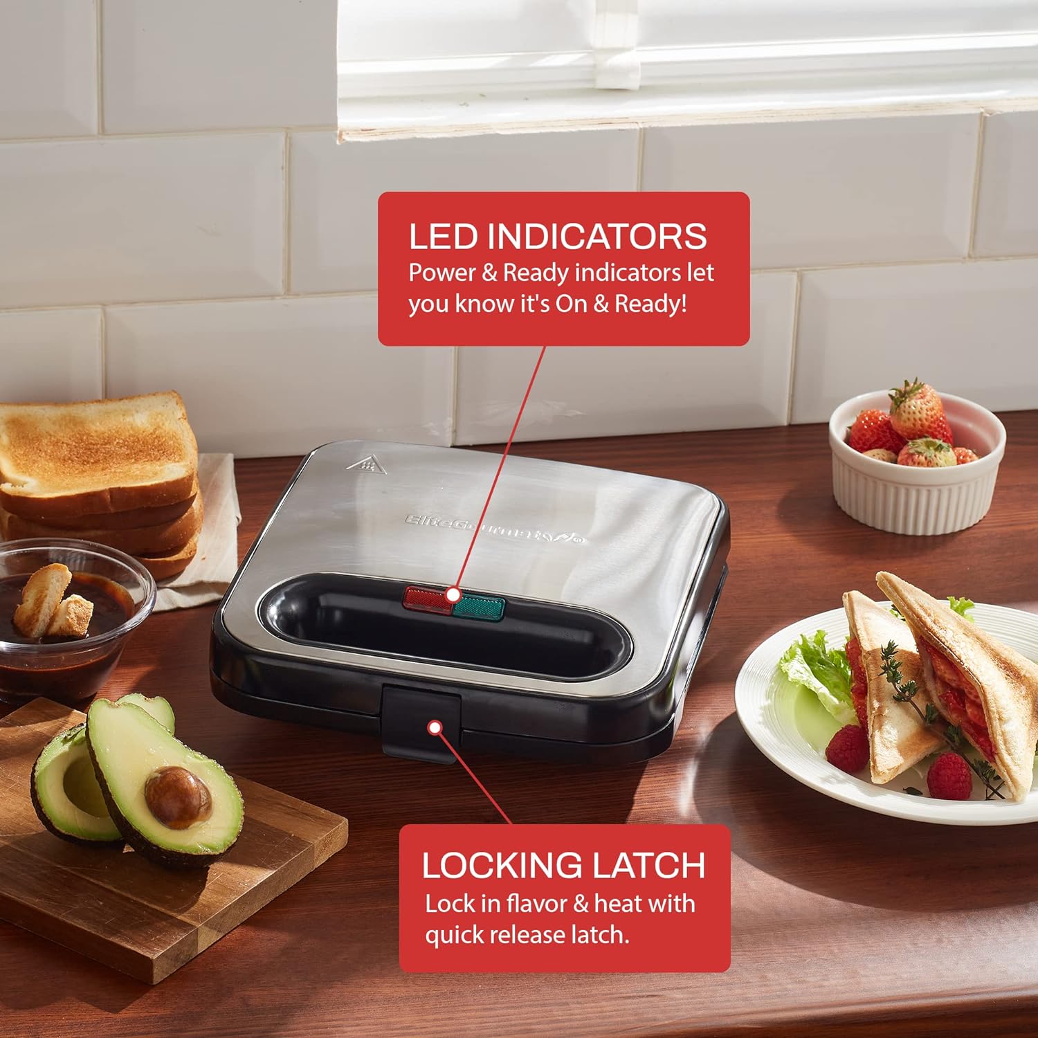 Elite Gourmet ESM2207SS# Stainless Steel Sandwich Panini Maker Grilled Cheese Machine Tuna Melt Omelets Non-stick Cooking Surface, 2 Slice, 750 Watts, Stainless Steel