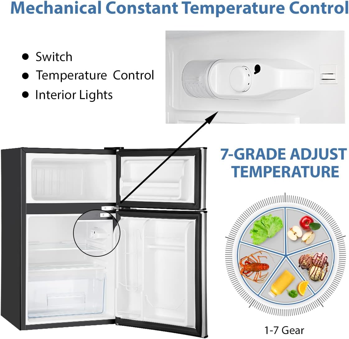 EUHOMY Mini Fridge with Freezer, 3.2 Cu.Ft Mini Refrigerator fridge, 2 door For Bedroom/Dorm/Office/Apartment - Food Storage or Cooling drinks(Silver).