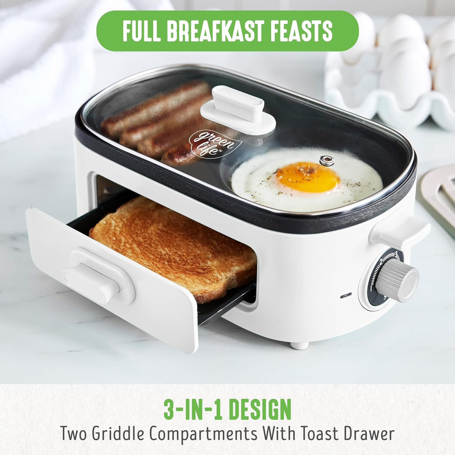 GreenLife 3-in-1 Breakfast Maker Station, Healthy Ceramic Nonstick Dual Griddles for Eggs Meat Sausage Bacon Pancakes and Breakfast Sandwiches, 2 Slice Toast Drawer, Easy-to-use Timer, Turquoise