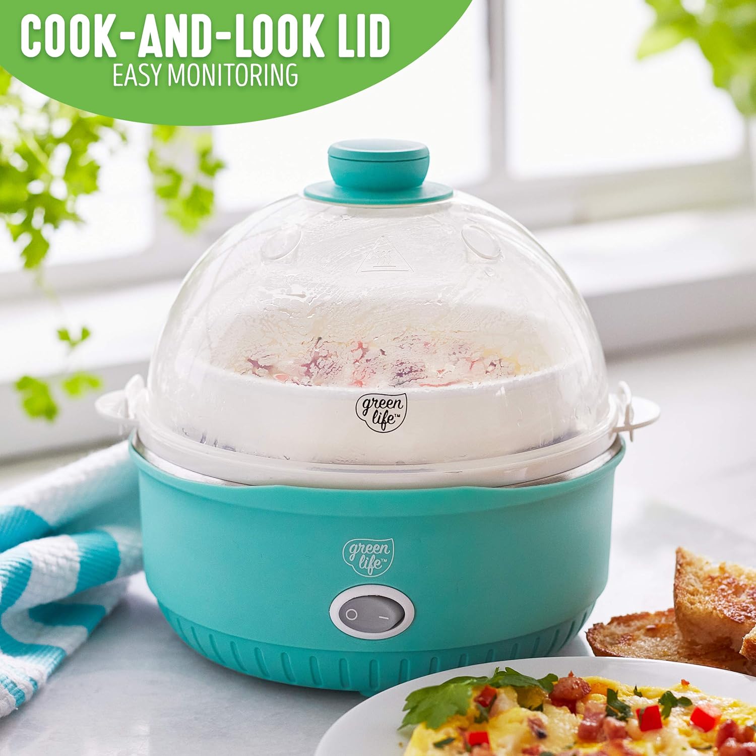 GreenLife 3-in-1 Breakfast Maker Station, Healthy Ceramic Nonstick Dual Griddles for Eggs Meat Sausage Bacon Pancakes and Breakfast Sandwiches, 2 Slice Toast Drawer, Easy-to-use Timer, Turquoise