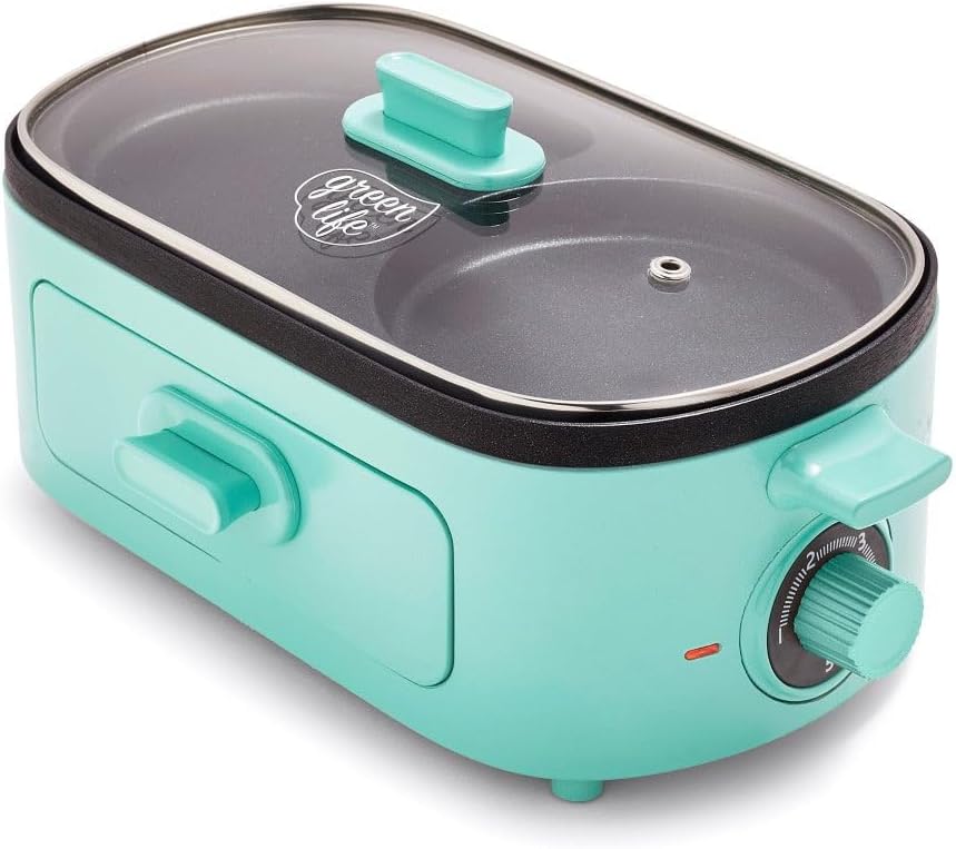 GreenLife 3-in-1 Breakfast Maker Station, Healthy Ceramic Nonstick Dual Griddles for Eggs Meat Sausage Bacon Pancakes and Breakfast Sandwiches, 2 Slice Toast Drawer, Easy-to-use Timer, Turquoise