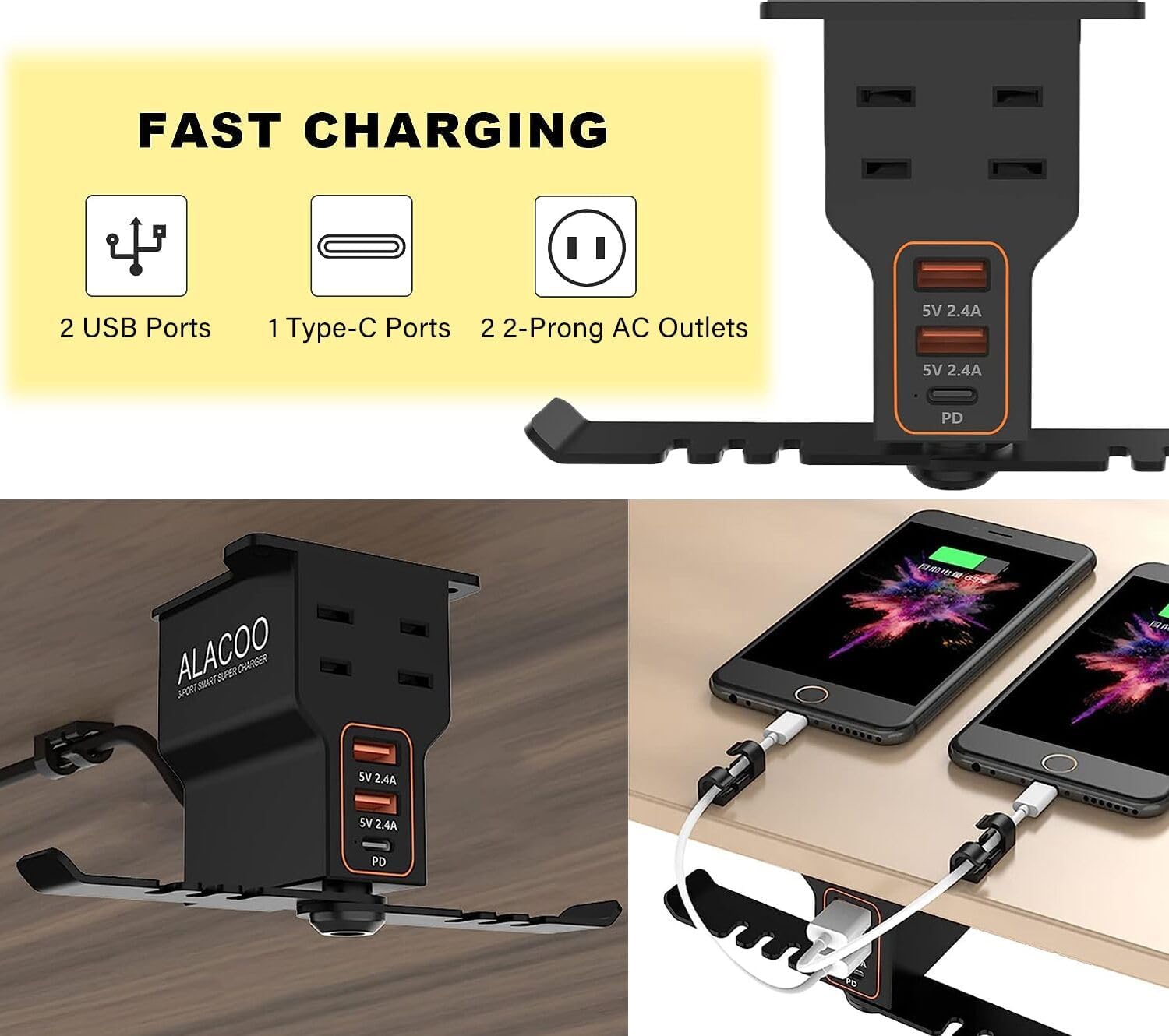Headphones Stand Headset Hanger with 3USB Charger 1 Type C + 2 USB A Charging Port 2 2-Prong AC Outlets Power Headphone Holder Hook Charging Station Under Desk for Gamer Gift Desk Gaming Accessories