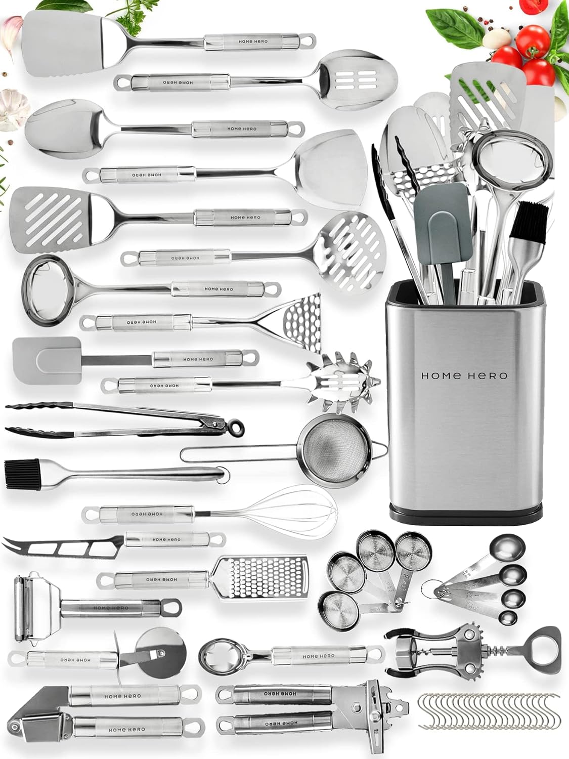 Home Hero 54 Pcs Stainless Steel Kitchen Utensils Set - Nonstick Stainless Steel Cooking Utensils Set - Heat Resistant Kitchen Essentials  Metal Kitchen Gadgets (54 Pcs Set with Utensils Holder)