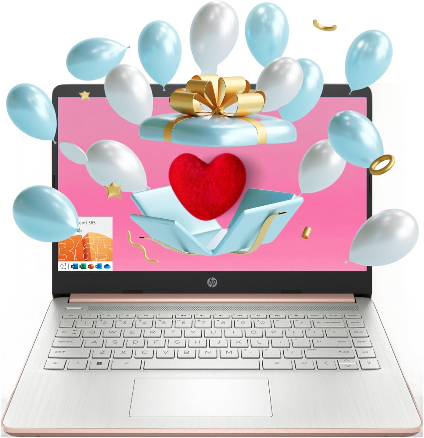 HP Essential Laptop, 14 HD Display, Intel Celeron N4120, 8GB RAM, 64GB eMMC, Webcam, HDMI, Wi-Fi, RJ-45, 1 Year Office 365, Windows 11 Home, Rose Gold
