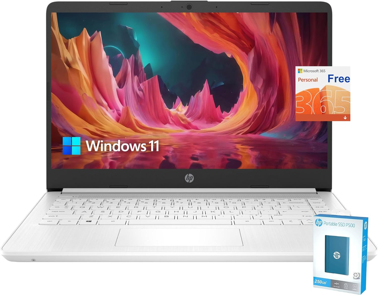 HP Latest Stream 14 HD Laptop, Intel Celeron Processor, 16GB Memory, 64GB eMMC Storage, Fast Charge, HDMI, Up to 11 Hours Long Battery Life, Office 365 1-Year, Win 11 S, Microfiber Bundle, White
