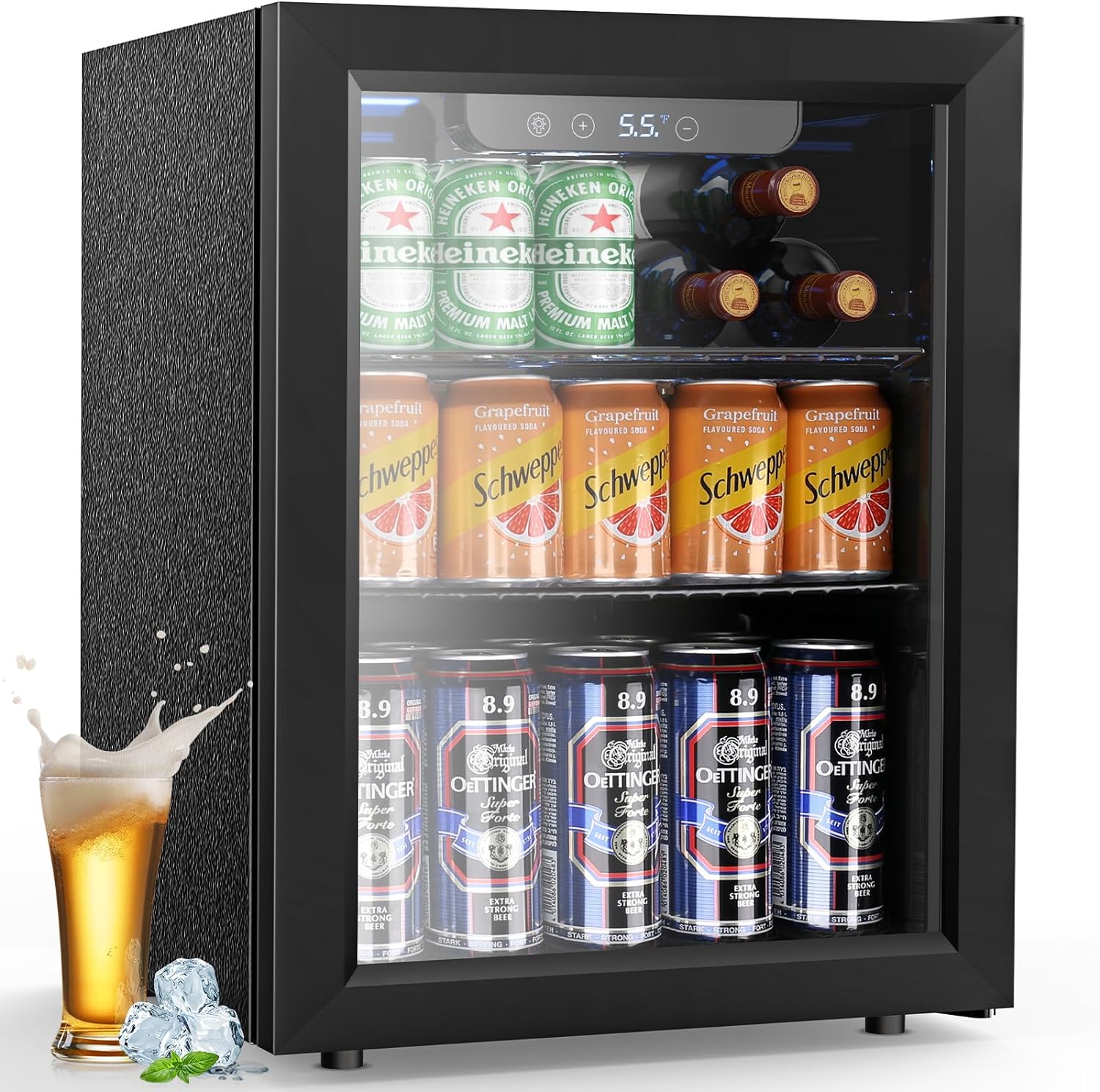 Joy Pebble Beverage Refrigerator and Cooler,145 Can Beverage Fridge with Adjustable Thermostat, Black Mini Fridge with Silver Glass Door for Beer Soda Wine, Beer Fridge for Bar Home Office,4.4Cu.Ft