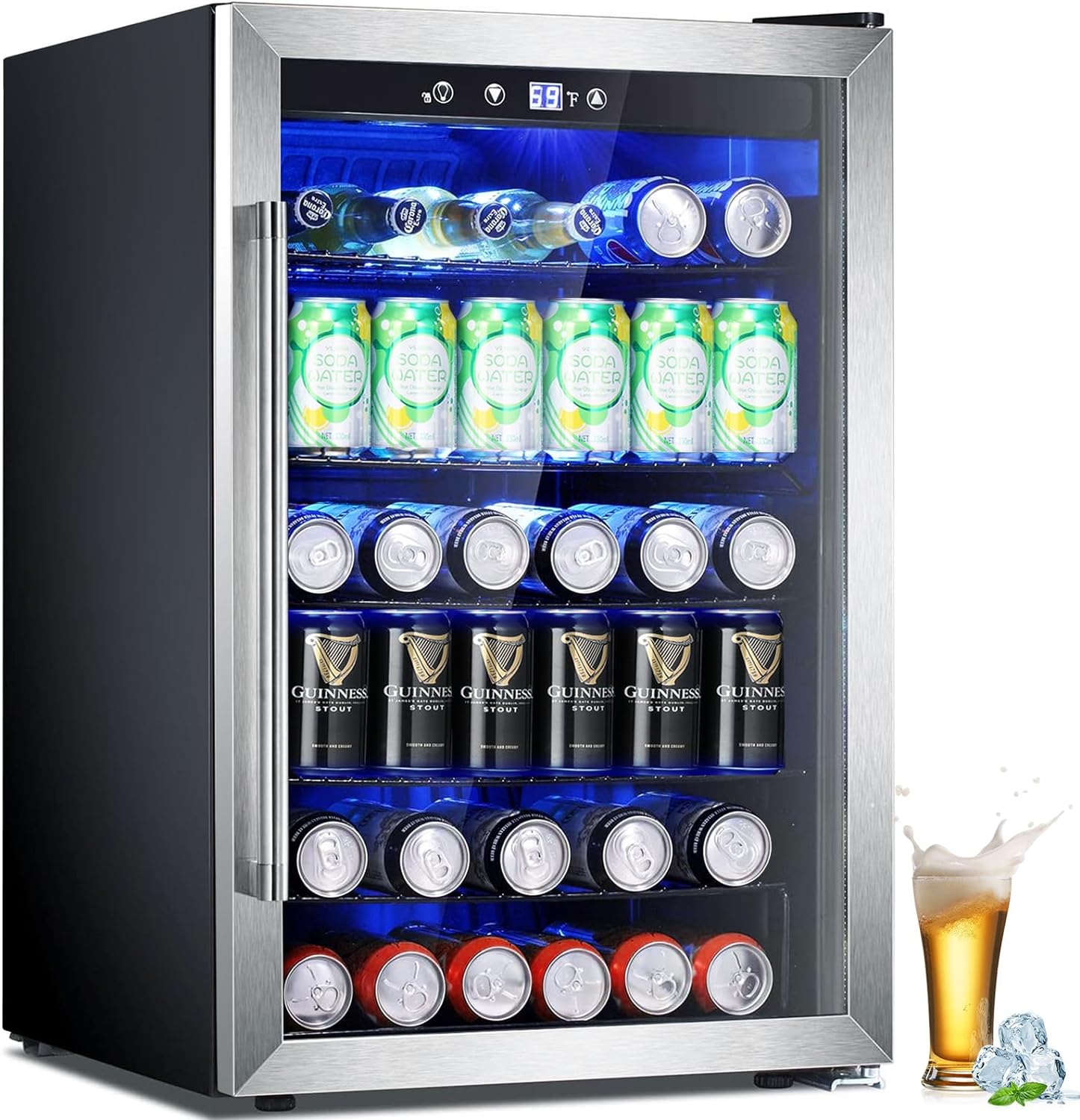 Joy Pebble Beverage Refrigerator and Cooler,145 Can Beverage Fridge with Adjustable Thermostat, Black Mini Fridge with Silver Glass Door for Beer Soda Wine, Beer Fridge for Bar Home Office,4.4Cu.Ft