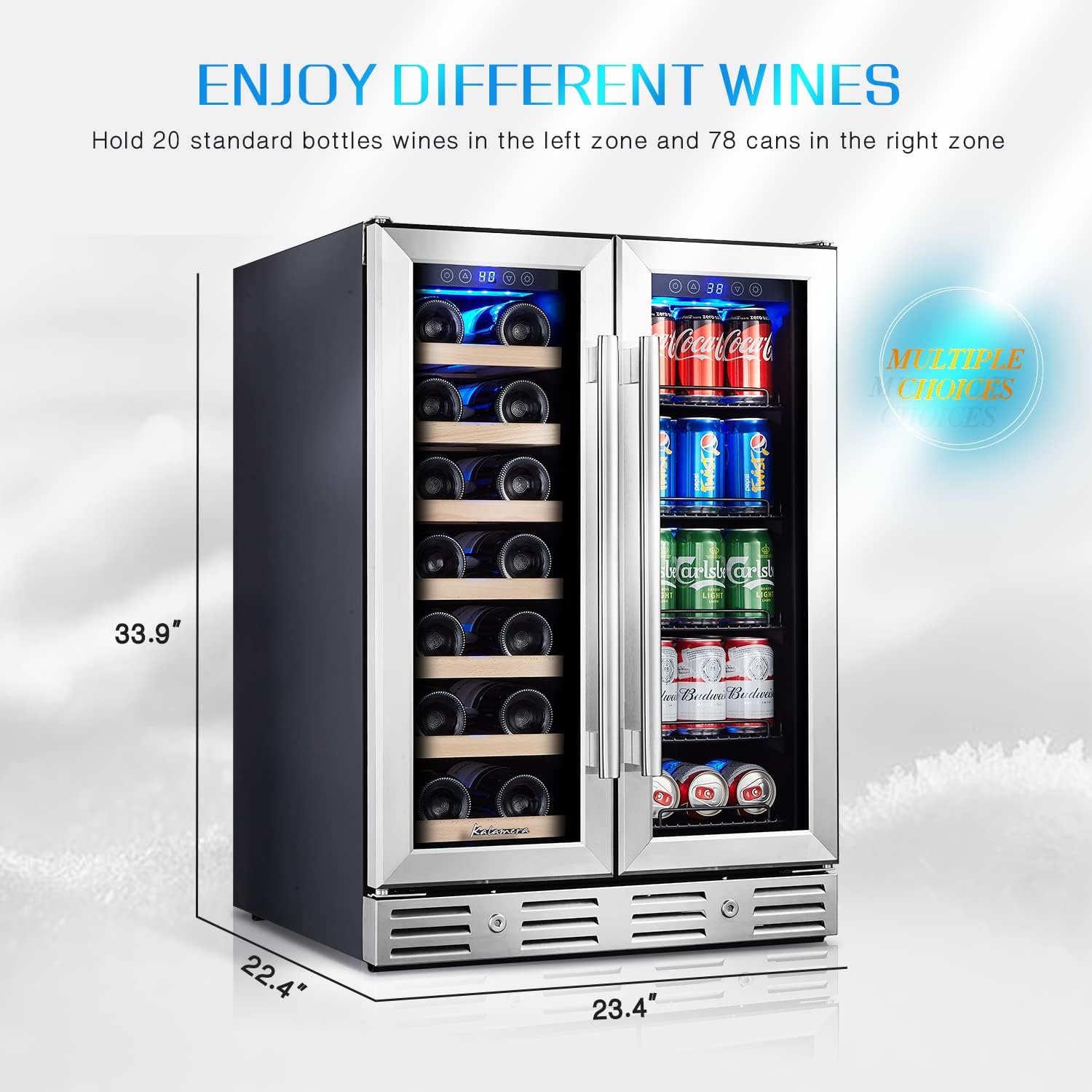 Kalamera Wine and Beverage Refrigerator, 24 inch Wine Fridge Dual Zone Hold 20 Bottles and 78 Cans, Digital Touch Control, Built-In or Freestanding Kalamera Wine and Beverage Refrigerator, 24 inch Wine Fridge Dual Zone Hold 20 Bottles and 78 Cans, Digital Touch Control, Built-In or Freestanding