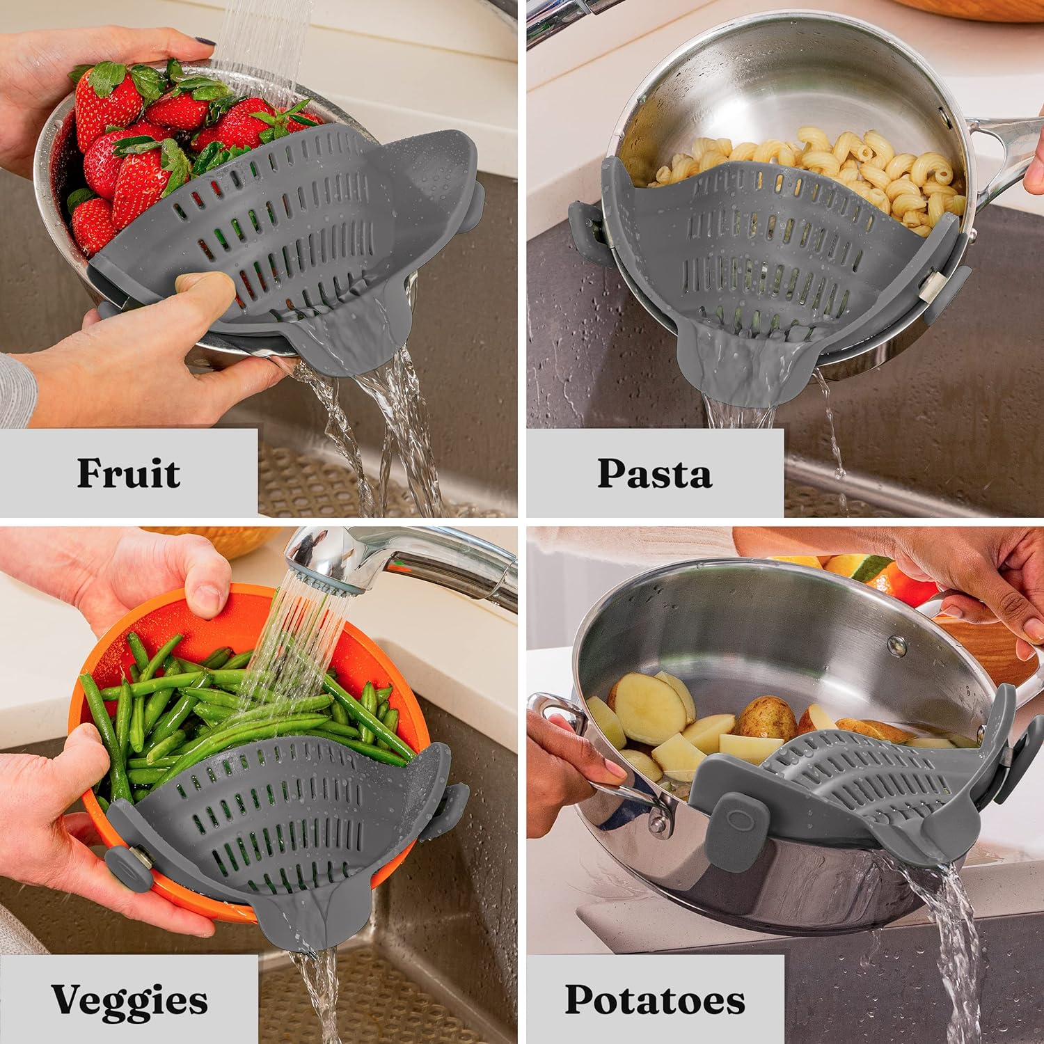 Kitchen Gizmo Snap N Strain - Silicone Clip-On Colander, Heat Resistant Drainer for Vegetables and Pasta Noodles, Kitchen Gadgets for Bowl, Pots, and Pans - Essential Home Cooking Tools - Grey