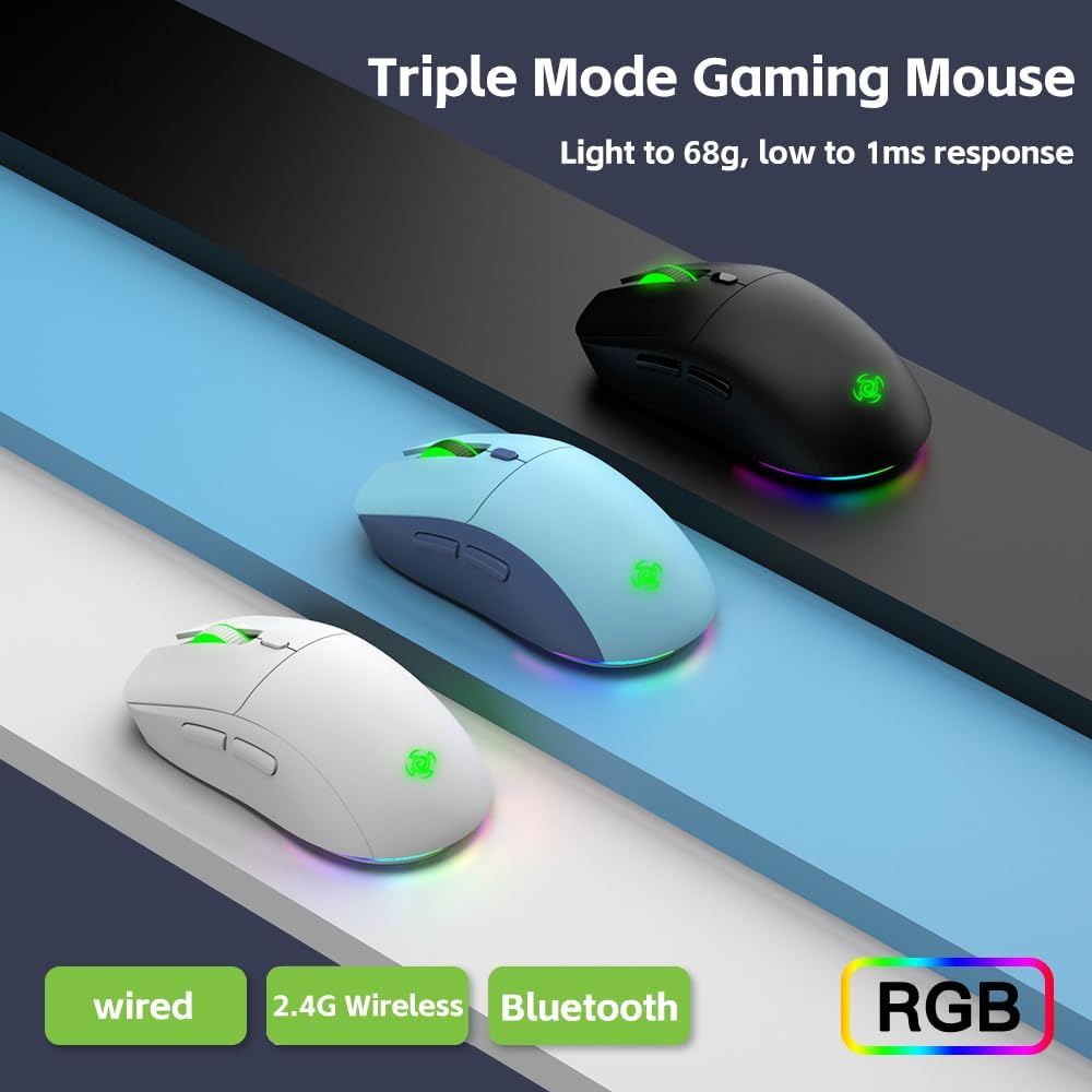 LORERAN Wireless Gaming Mouse, 3 Modes 4800 DPI Bluetooth/2.4G/Wired Mouse with Type-C Rchargeable Nano Receiver 6 DPI Levels, 6 Macro Buttons, RGB LED Backlit  Pro Software/Drive for PC/Mac/Laptop