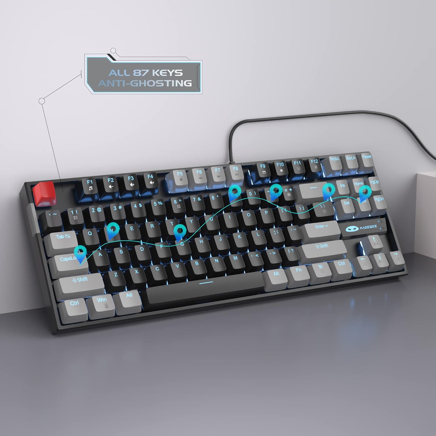 MageGee 75% Mechanical Gaming Keyboard with Blue Switch, LED Blue Backlit Keyboard, 87 Keys Compact TKL Wired Computer Keyboard for Windows Laptop PC Gamer - Blue/White
