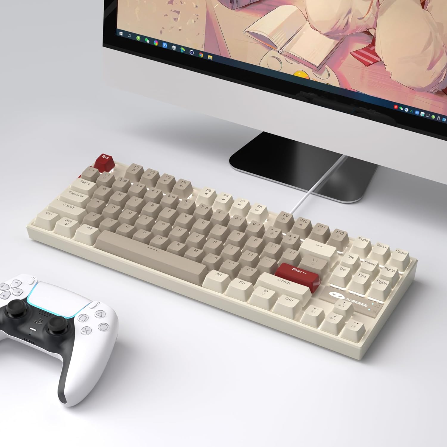 MageGee 75% Mechanical Gaming Keyboard with Blue Switch, LED Blue Backlit Keyboard, 87 Keys Compact TKL Wired Computer Keyboard for Windows Laptop PC Gamer - Blue/White