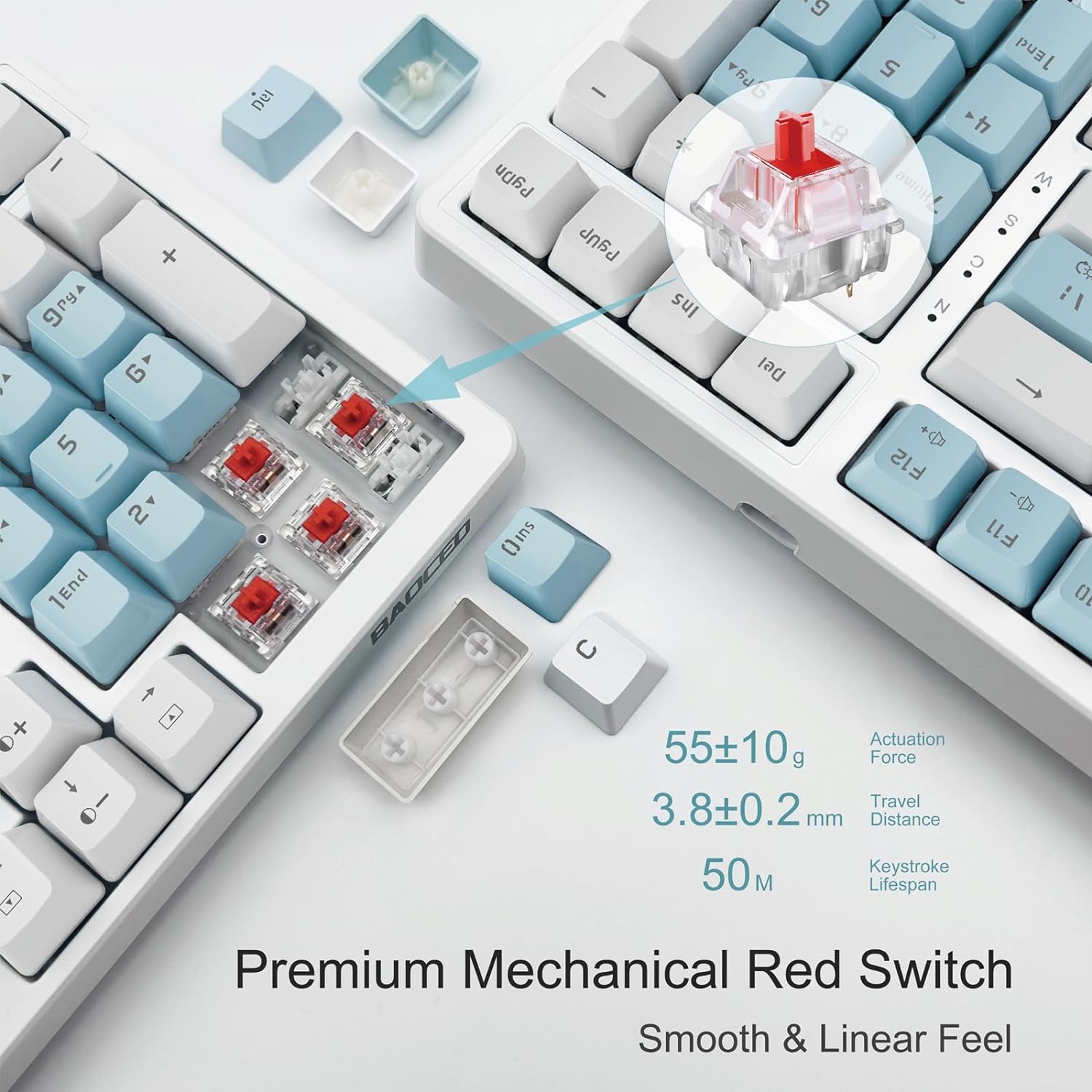 Mechanical Gaming Keyboard, Full Size 98 Anti-Ghosting Keys Red Switch Keyboards with ICY Blue Backlight, Wired Detachable USB Type-C Gaming Keyboard with Adjustable Kickstand