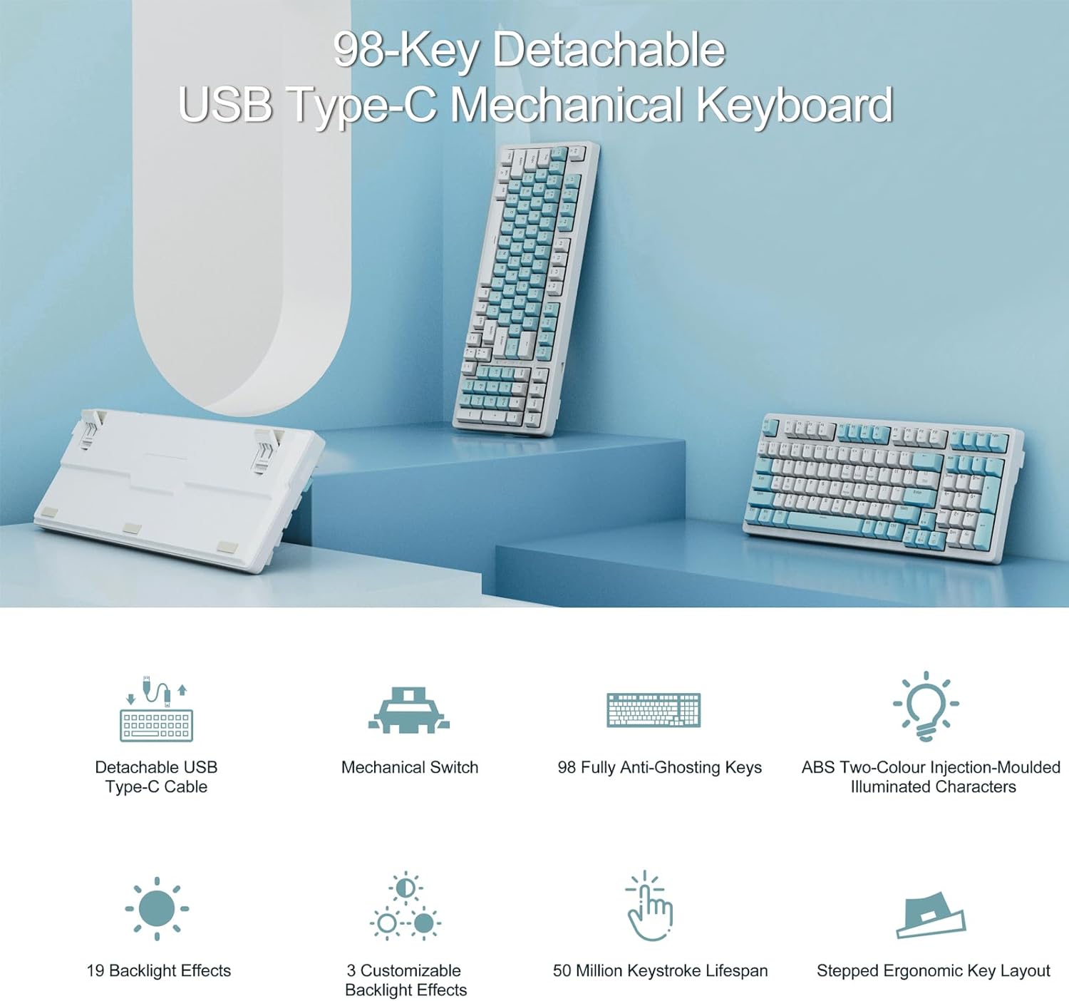 Mechanical Gaming Keyboard, Full Size 98 Anti-Ghosting Keys Red Switch Keyboards with ICY Blue Backlight, Wired Detachable USB Type-C Gaming Keyboard with Adjustable Kickstand