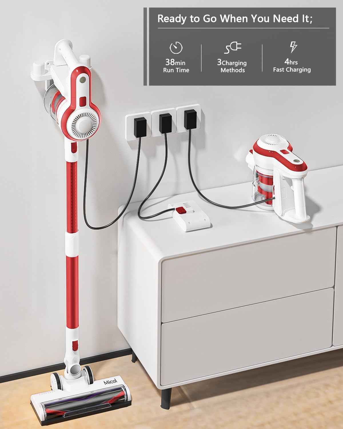 Micol Cordless Vacuum Cleaner, Household Stick Vacuum, 2 Modes of Powerful Suction, up to 38 Mins Runtime, Removable Battery, Lightweight Vacuum Cleaner for Home Hard Floor Car Pet Hair