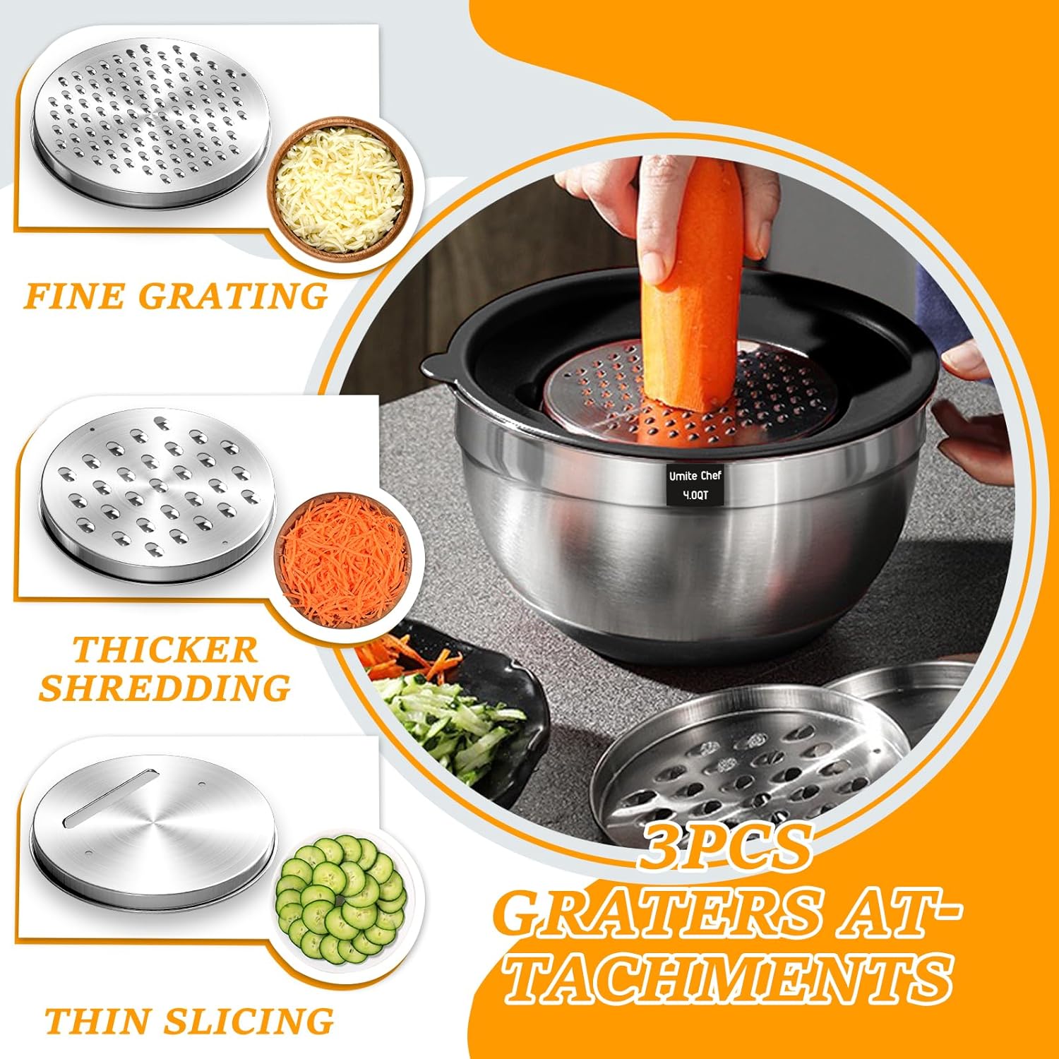 Mixing Bowls with Airtight Lids Set, 26PCS Stainless Steel Khaki Bowls with Grater Attachments, Non-Slip Bottoms  Kitchen Gadgets Set, Size 7, 4, 2.5, 2.0,1.5, 1QT, Great for Mixing  Serving