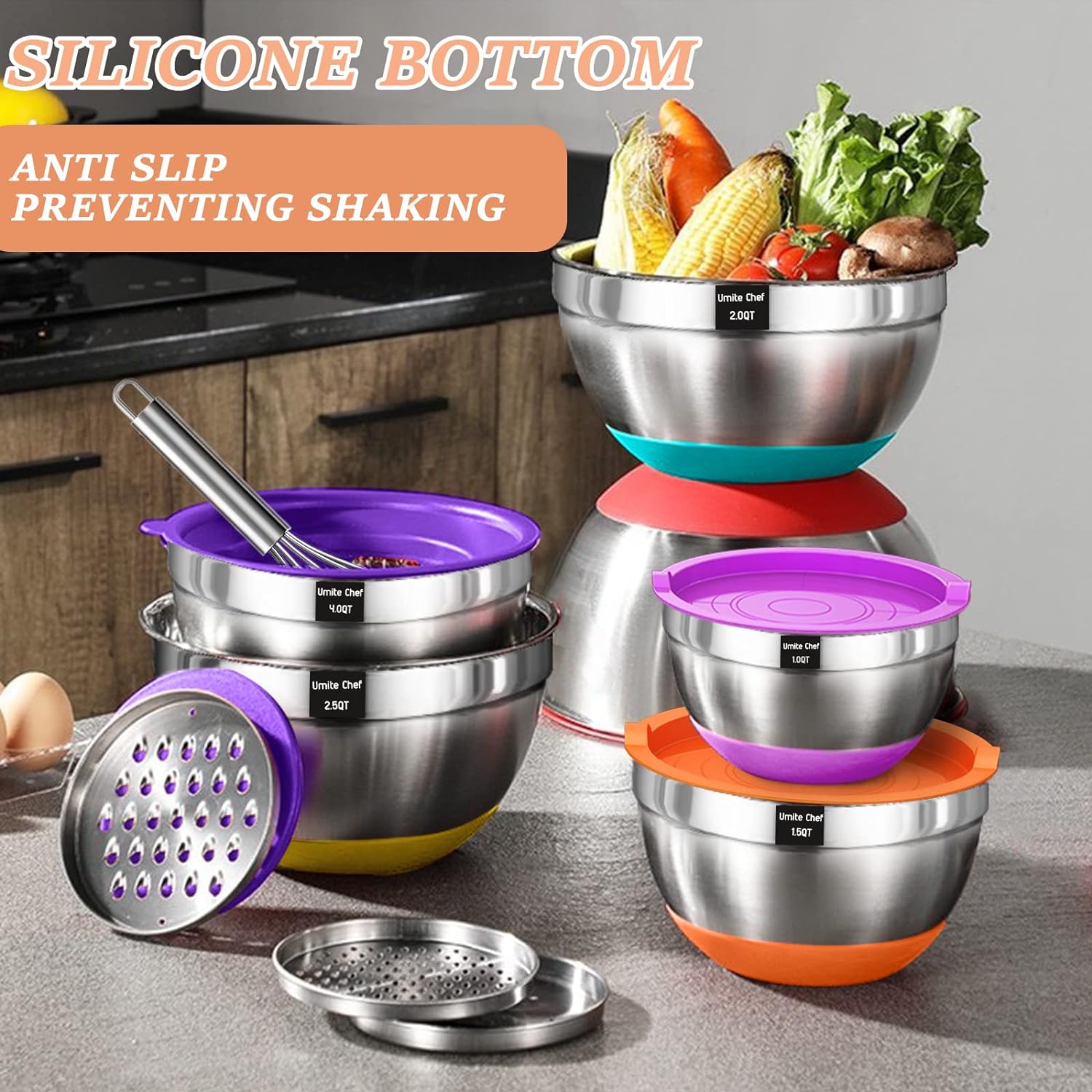 Mixing Bowls with Airtight Lids Set, 26PCS Stainless Steel Khaki Bowls with Grater Attachments, Non-Slip Bottoms  Kitchen Gadgets Set, Size 7, 4, 2.5, 2.0,1.5, 1QT, Great for Mixing  Serving