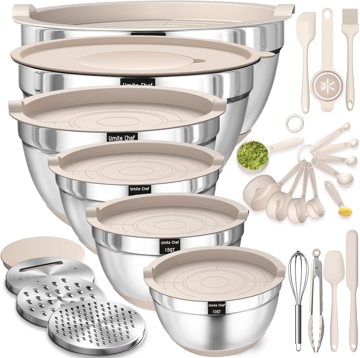 Mixing Bowls with Airtight Lids Set, 26PCS Stainless Steel Khaki Bowls with Grater Attachments, Non-Slip Bottoms  Kitchen Gadgets Set, Size 7, 4, 2.5, 2.0,1.5, 1QT, Great for Mixing  Serving