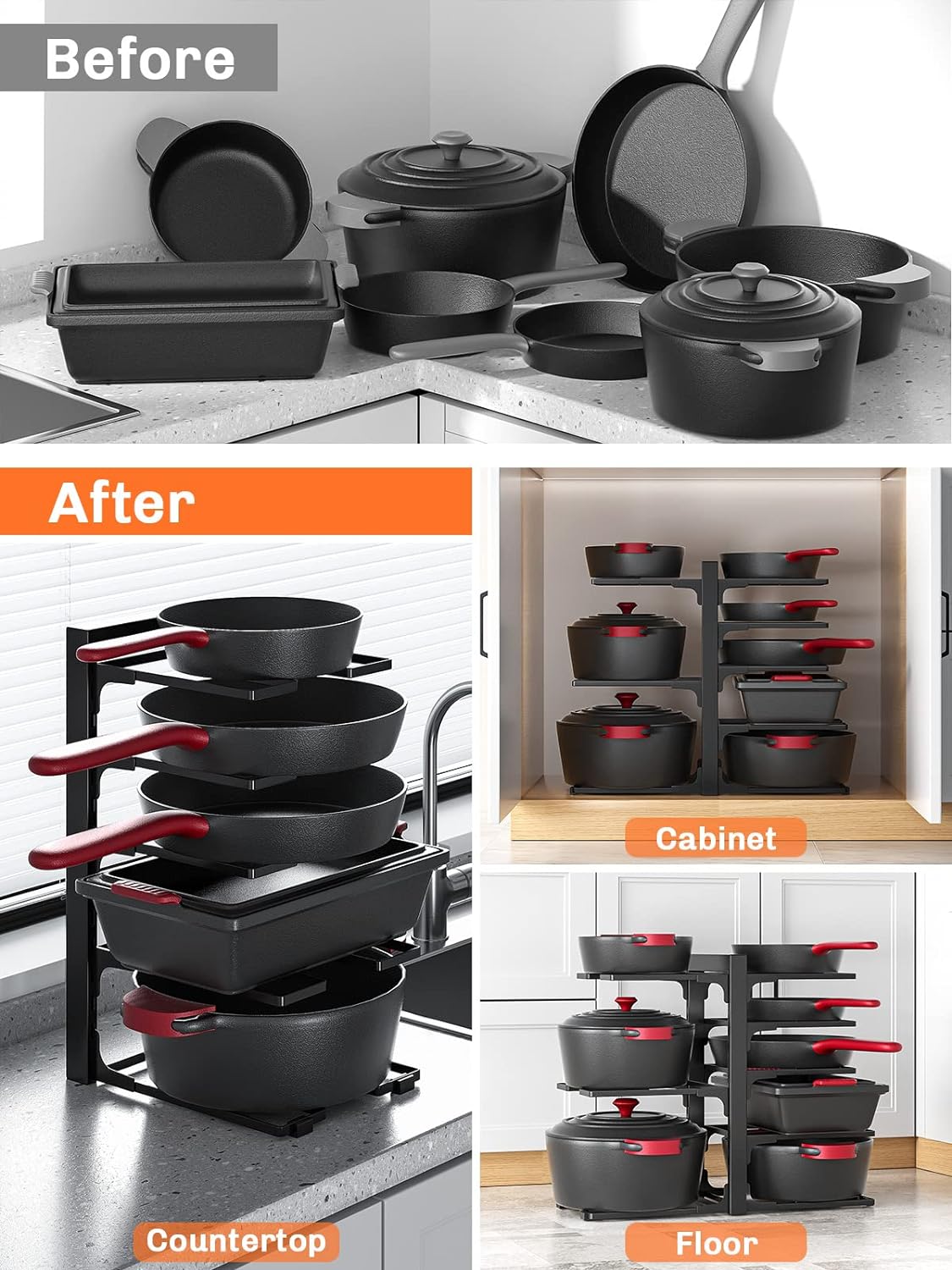 MUDEELA Pots and Pans Organizer Rack under Cabinet, 8-Tier Kitchen Organizers and Storage Pot Racks, Adjustable Pot Organizers inside Cabinet with 3 DIY Methods