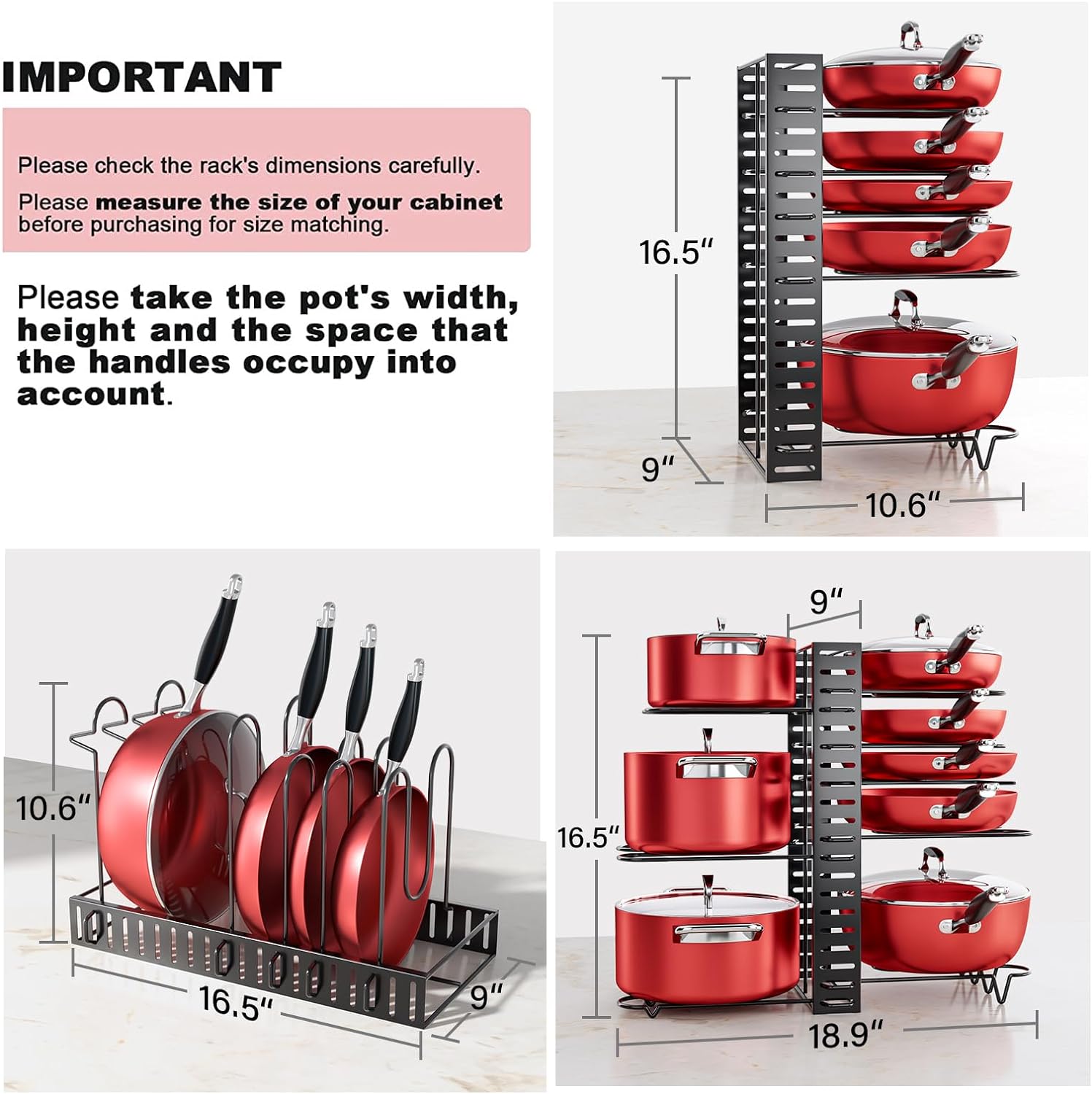 MUDEELA Pots and Pans Organizer Rack under Cabinet, 8-Tier Kitchen Organizers and Storage Pot Racks, Adjustable Pot Organizers inside Cabinet with 3 DIY Methods