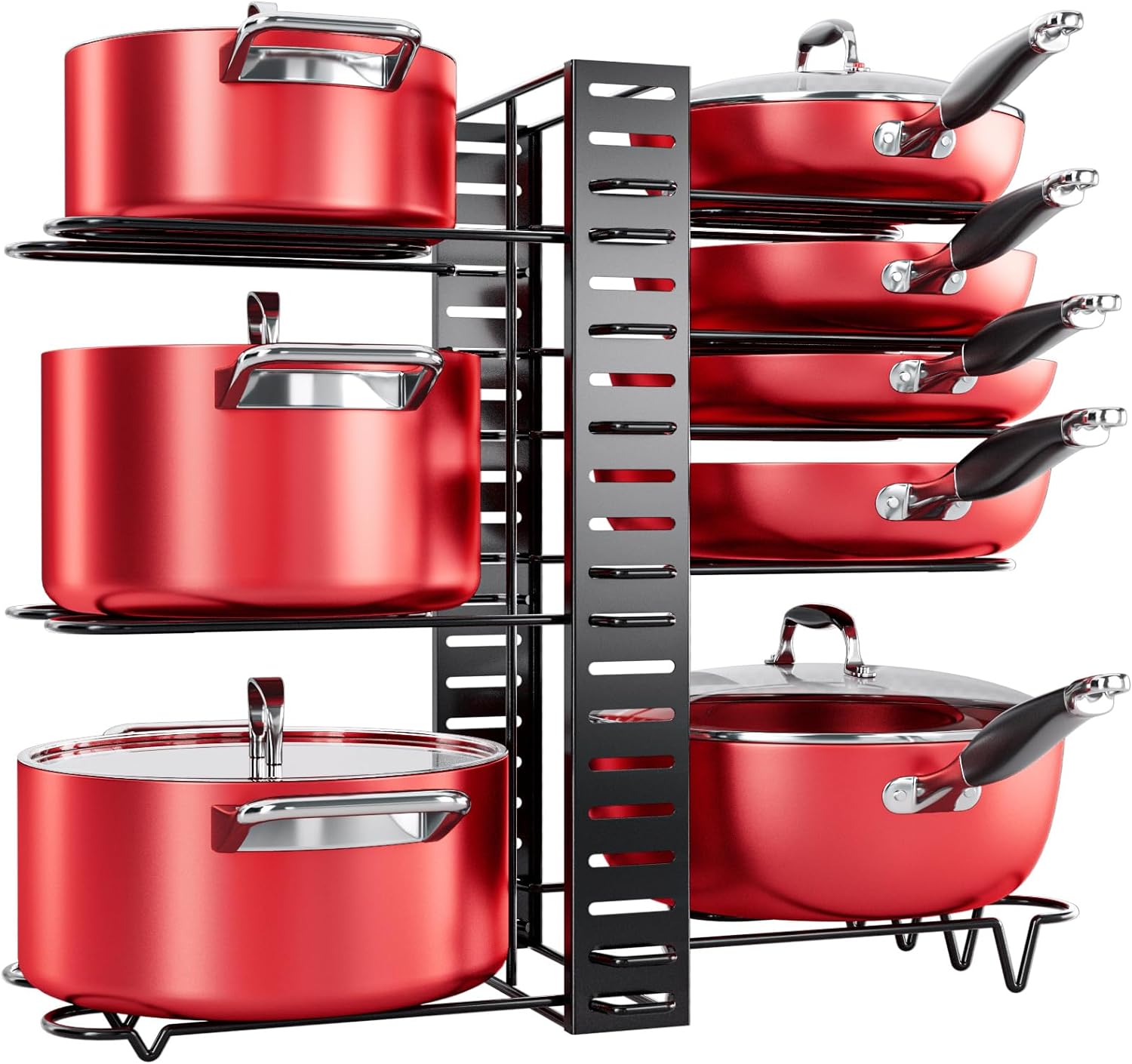 MUDEELA Pots and Pans Organizer Rack under Cabinet, 8-Tier Kitchen Organizers and Storage Pot Racks, Adjustable Pot Organizers inside Cabinet with 3 DIY Methods