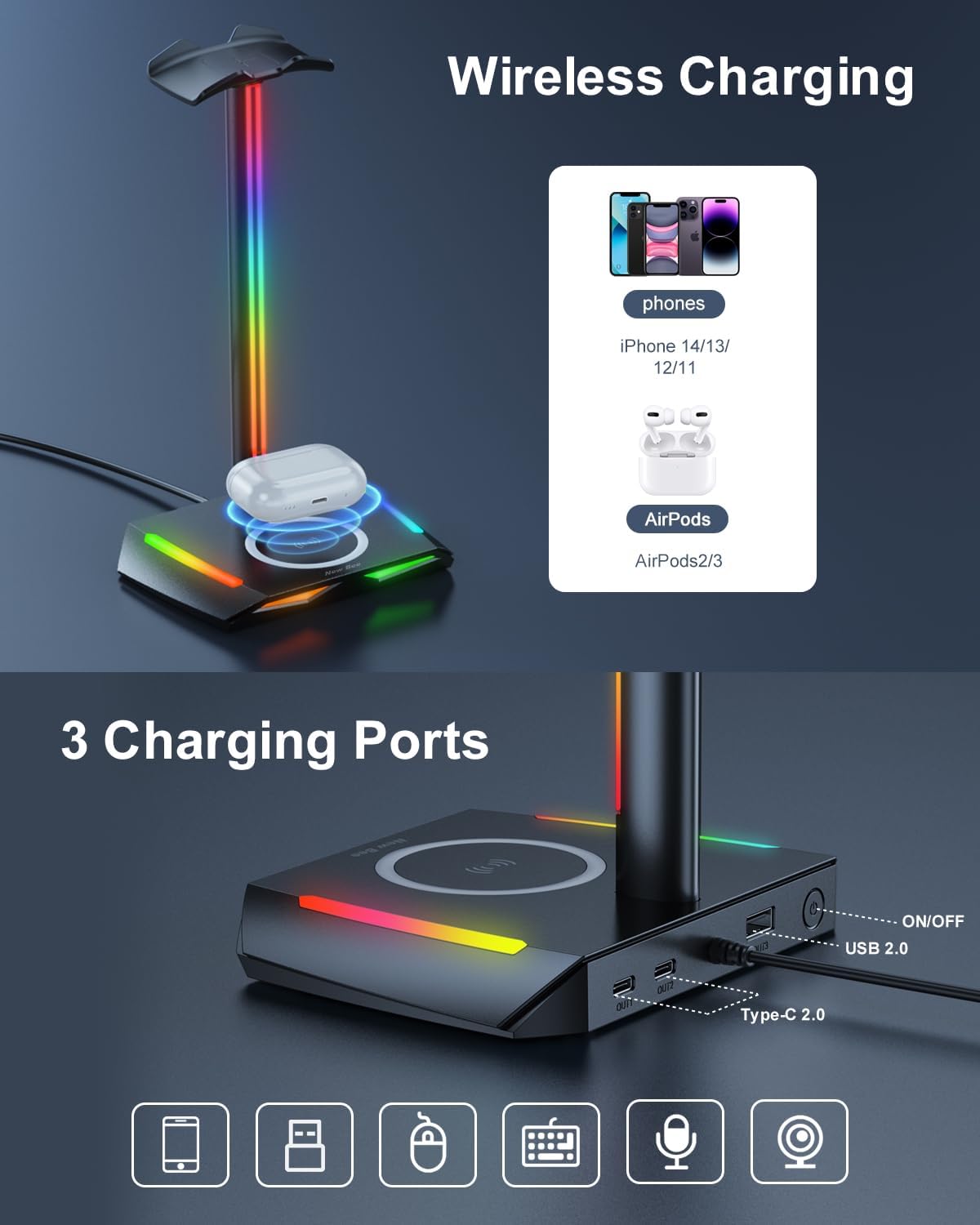 New bee RGB Headphone Stand with Wireless Charging and 2 USB-C  1 USB Charging Ports, Desk Gaming Headset Holder with 7 Light Modes and Non-Slip Rubber Base Suitable for All Earphone Accessories