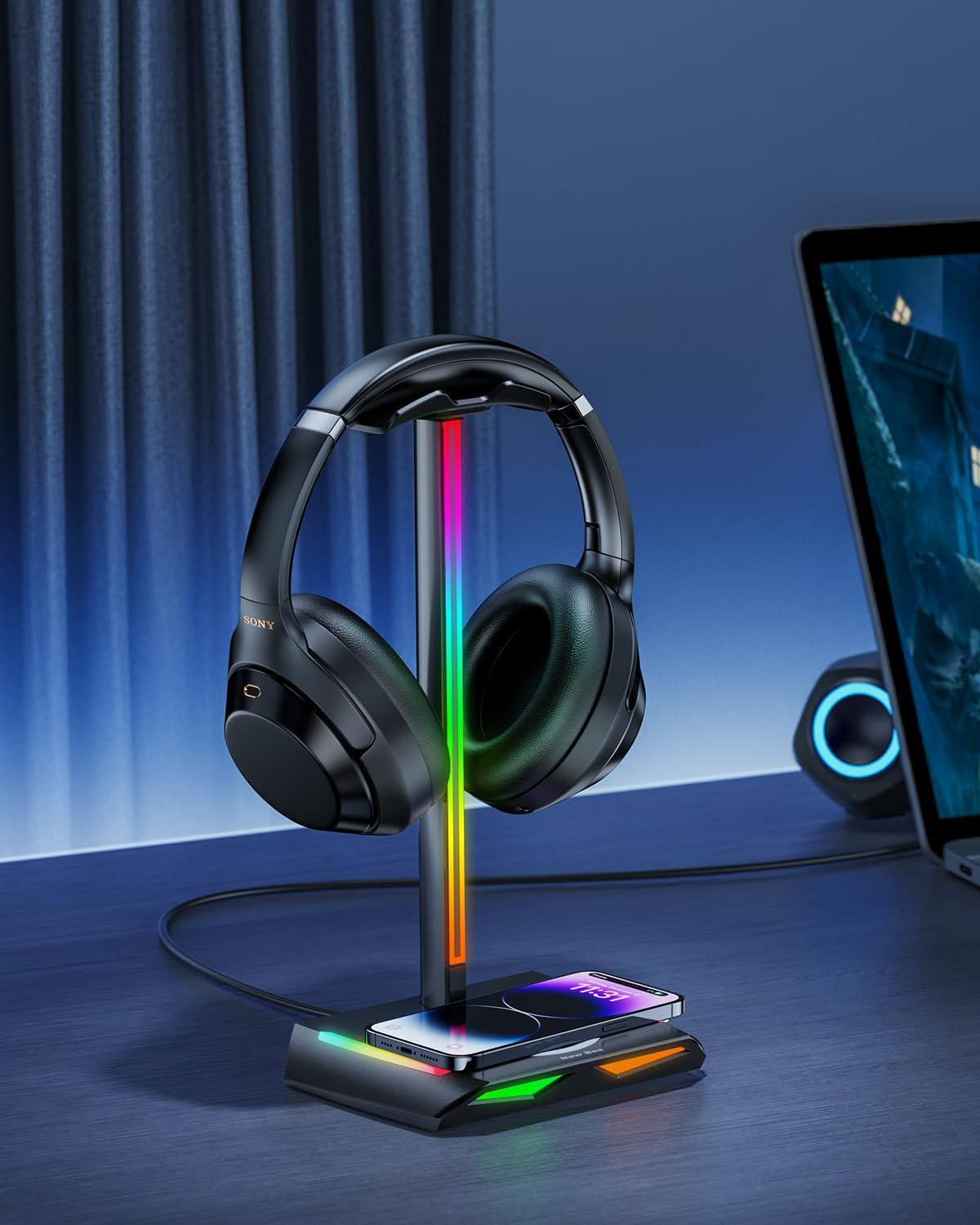 New bee RGB Headphone Stand with Wireless Charging and 2 USB-C  1 USB Charging Ports, Desk Gaming Headset Holder with 7 Light Modes and Non-Slip Rubber Base Suitable for All Earphone Accessories