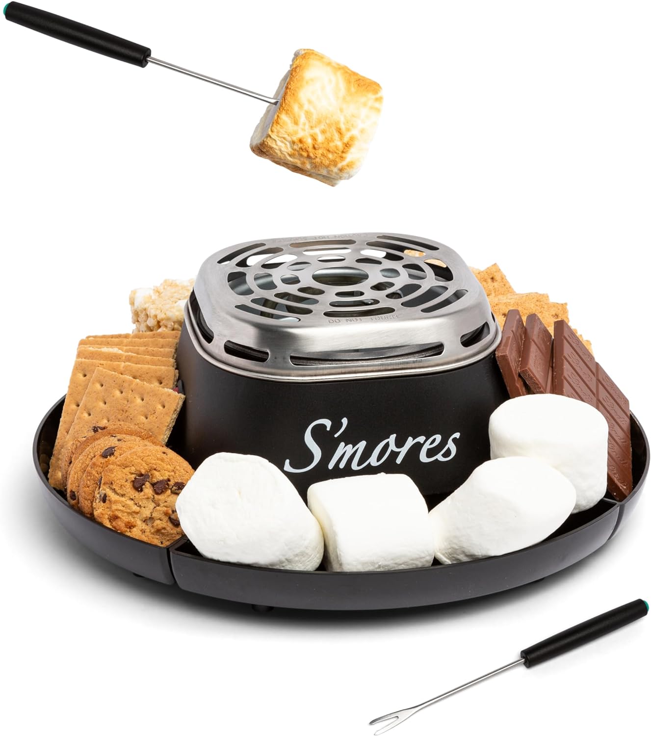 Nostalgia Tabletop Indoor Electric Smores Maker - Smores Kit With Marshmallow Roasting Sticks and 4 Trays for Graham Crackers, Chocolate, and Marshmallows - Movie Night Supplies - Brown