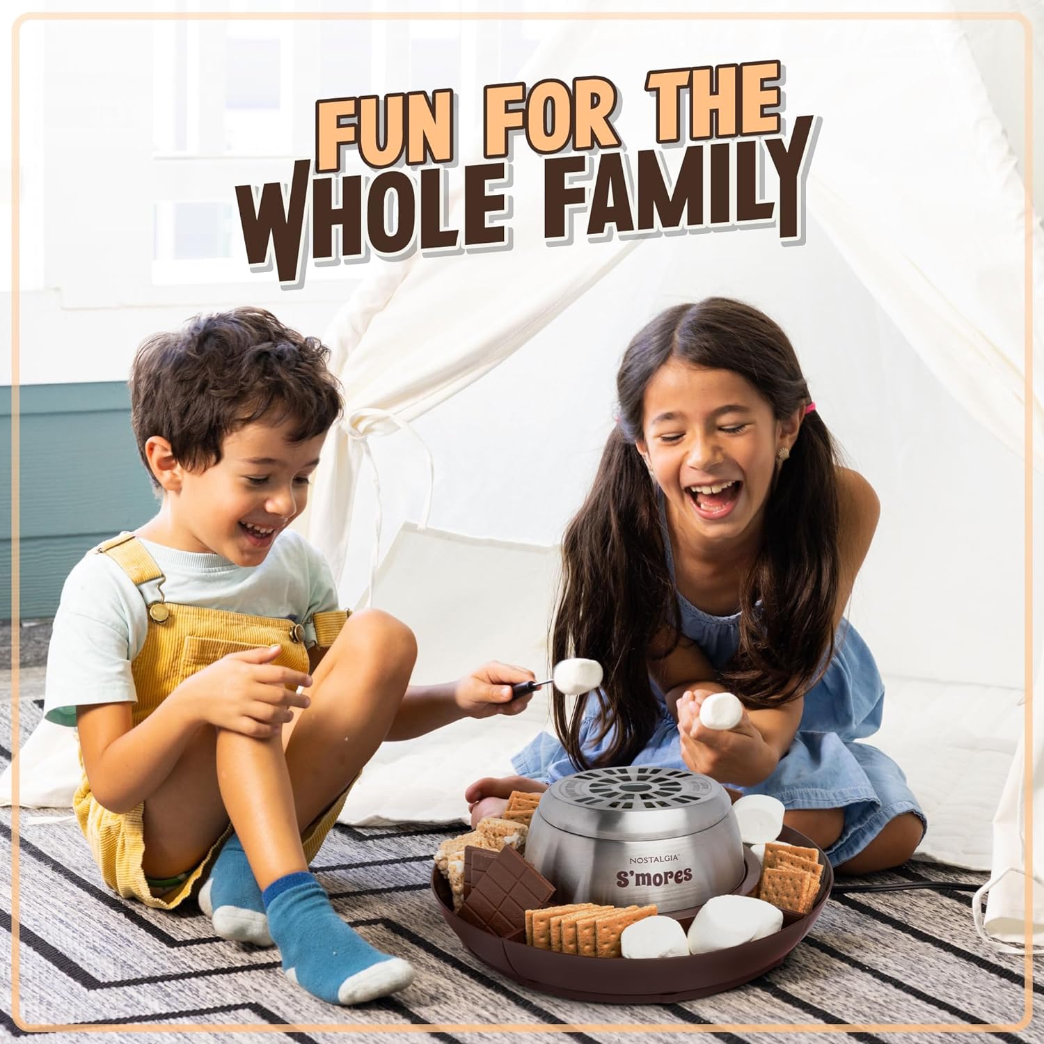 Nostalgia Tabletop Indoor Electric Smores Maker - Smores Kit With Marshmallow Roasting Sticks and 4 Trays for Graham Crackers, Chocolate, and Marshmallows - Movie Night Supplies - Brown
