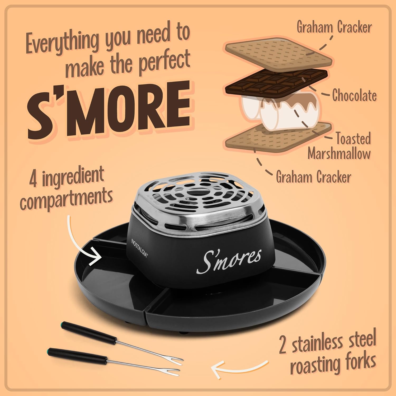 Nostalgia Tabletop Indoor Electric Smores Maker - Smores Kit With Marshmallow Roasting Sticks and 4 Trays for Graham Crackers, Chocolate, and Marshmallows - Movie Night Supplies - Brown