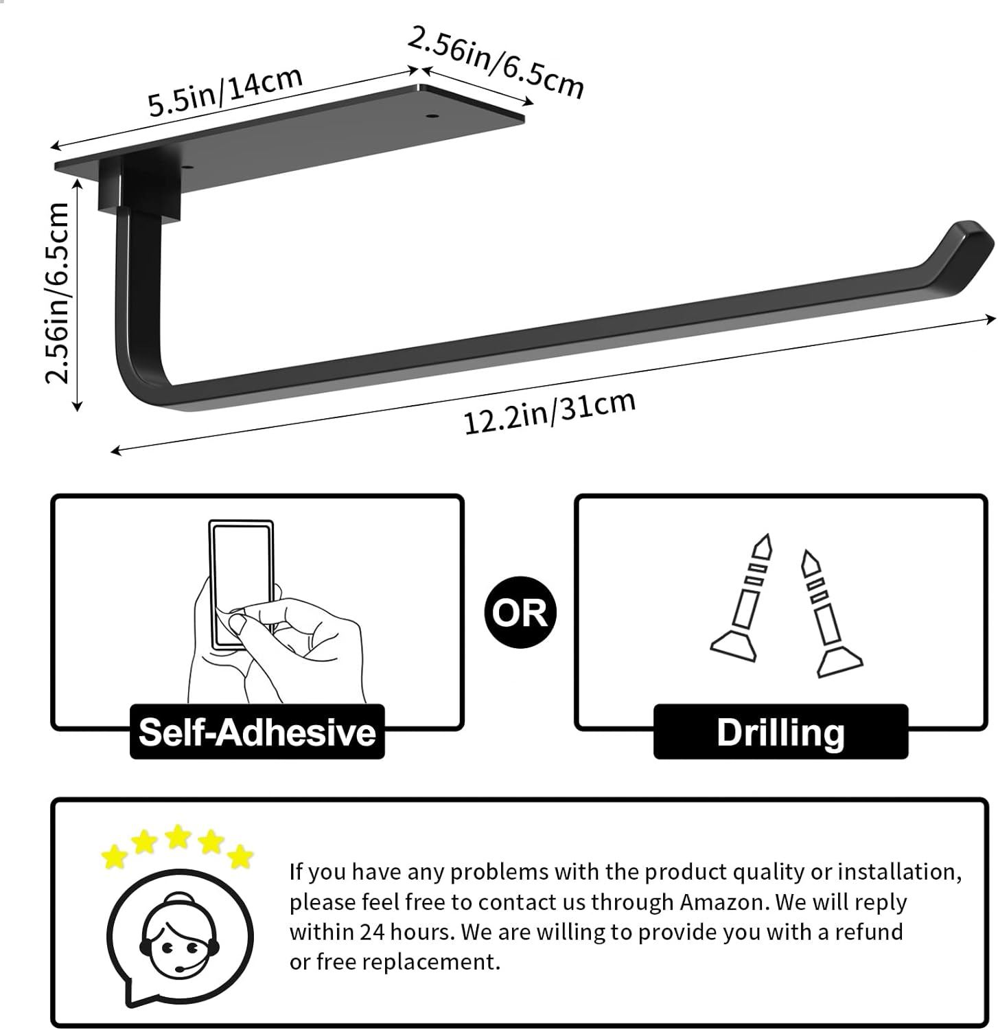 Paper Towel Holder - Self-Adhesive or Drilling, Matte Black Paper Towel Rack Under Cabinet for Kitchen, Upgraded Aluminum Kitchen Roll Holder - Lighter but Stronger Than Stainless Steel!