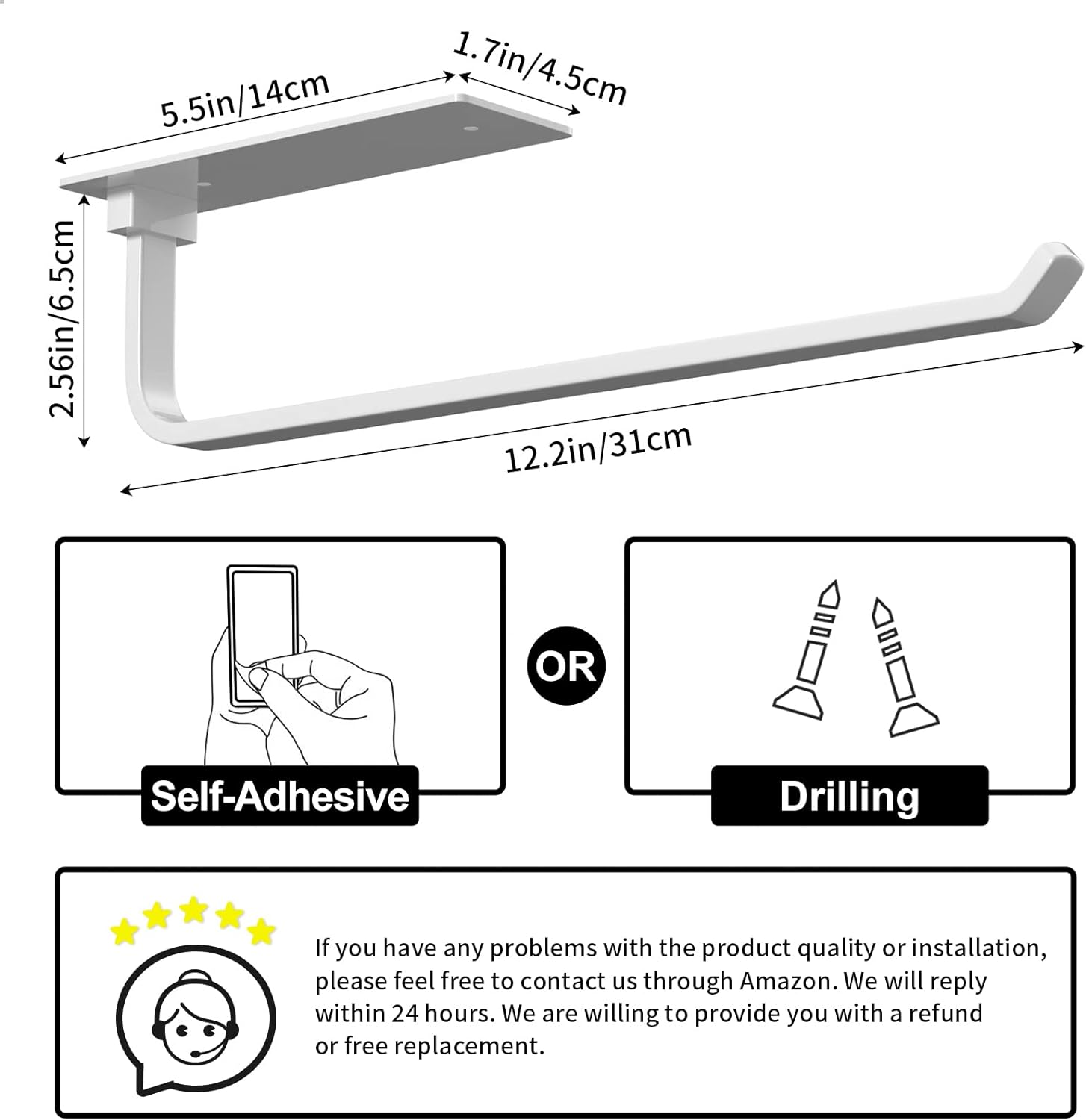 Paper Towel Holder - Self-Adhesive or Drilling, Matte Black Paper Towel Rack Under Cabinet for Kitchen, Upgraded Aluminum Kitchen Roll Holder - Lighter but Stronger Than Stainless Steel!