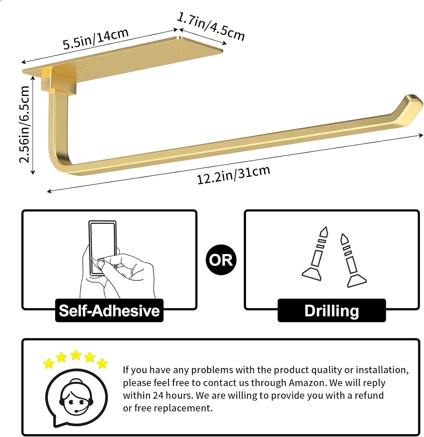 Paper Towel Holder - Self-Adhesive or Drilling, Matte Black Paper Towel Rack Under Cabinet for Kitchen, Upgraded Aluminum Kitchen Roll Holder - Lighter but Stronger Than Stainless Steel!