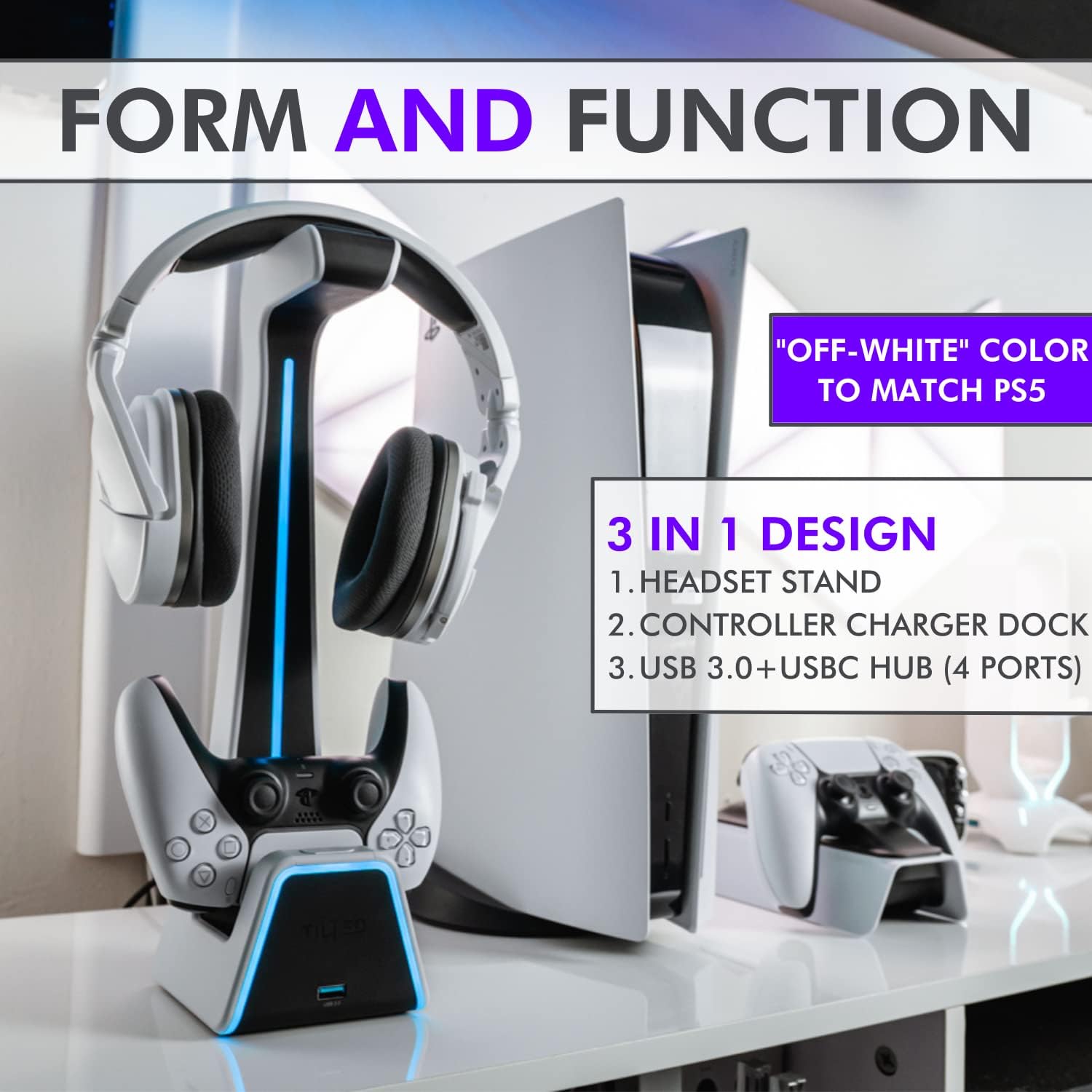 Tilted Nation 3 in 1 Gaming Headset and Controller Stand for PS5 and Xbox Series X Charging Station - Game Controller Holder and Headphone Stand for Desk with Playstation and Xbox Magnetic Charger