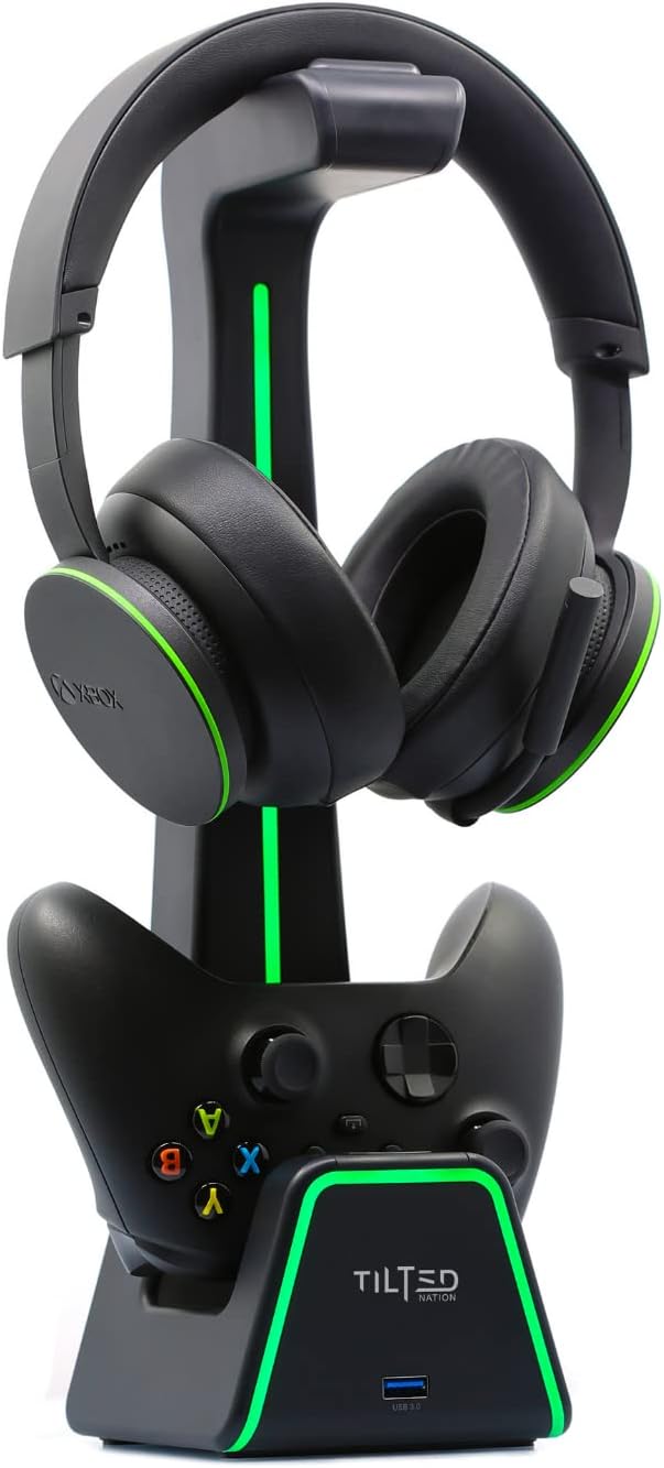 Tilted Nation 3 in 1 Gaming Headset and Controller Stand for PS5 and Xbox Series X Charging Station - Game Controller Holder and Headphone Stand for Desk with Playstation and Xbox Magnetic Charger