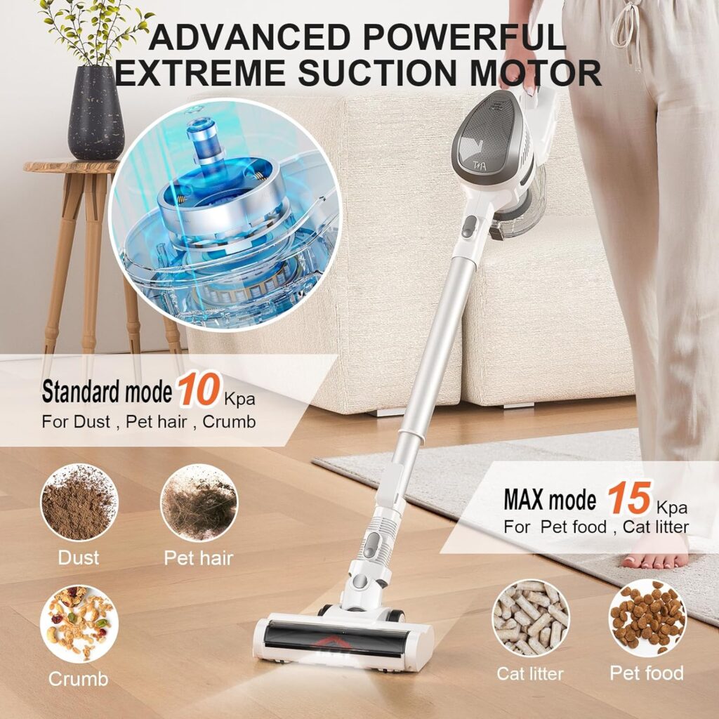 TMA Cordless Vacuum Cleaner, 6 in 1 Stick Vacuum Cleaner with 4 Filters 8-Cell Battery 40 Mins Running Time 1.3L Dust CupLED Floor Brush Head for Hardwood Floor Deep Clean T150