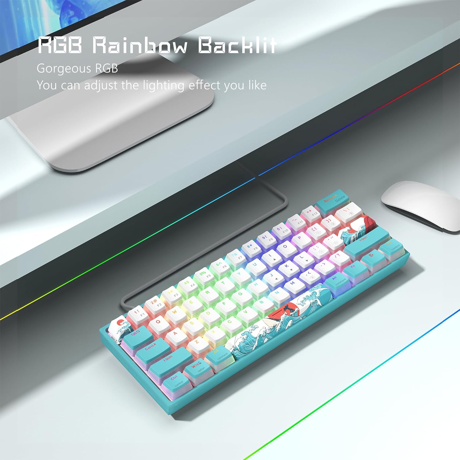 Womier 60% Percent Keyboard, WK61 Mechanical RGB Wired Gaming Keyboard, Hot-Swappable Keyboard with Blue Sea PBT Keycaps for Windows PC Gamers - Linear Red Switch