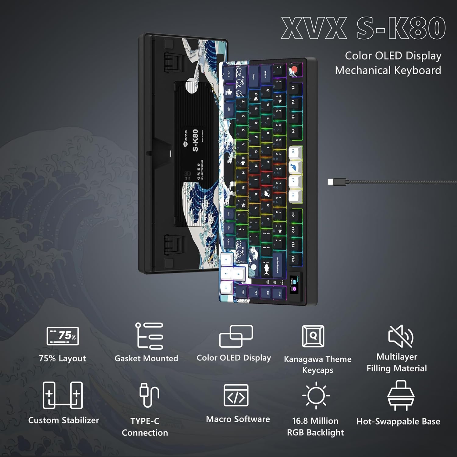 XVX S-K80 75% Keyboard with Color OLED Display Mechanical Gaming Keyboard, Hot Swappable Keyboard, Gasket Mount RGB Custom Keyboard, Pre-lubed Stabilizer for Mac/Win, Black Kanagawa Theme