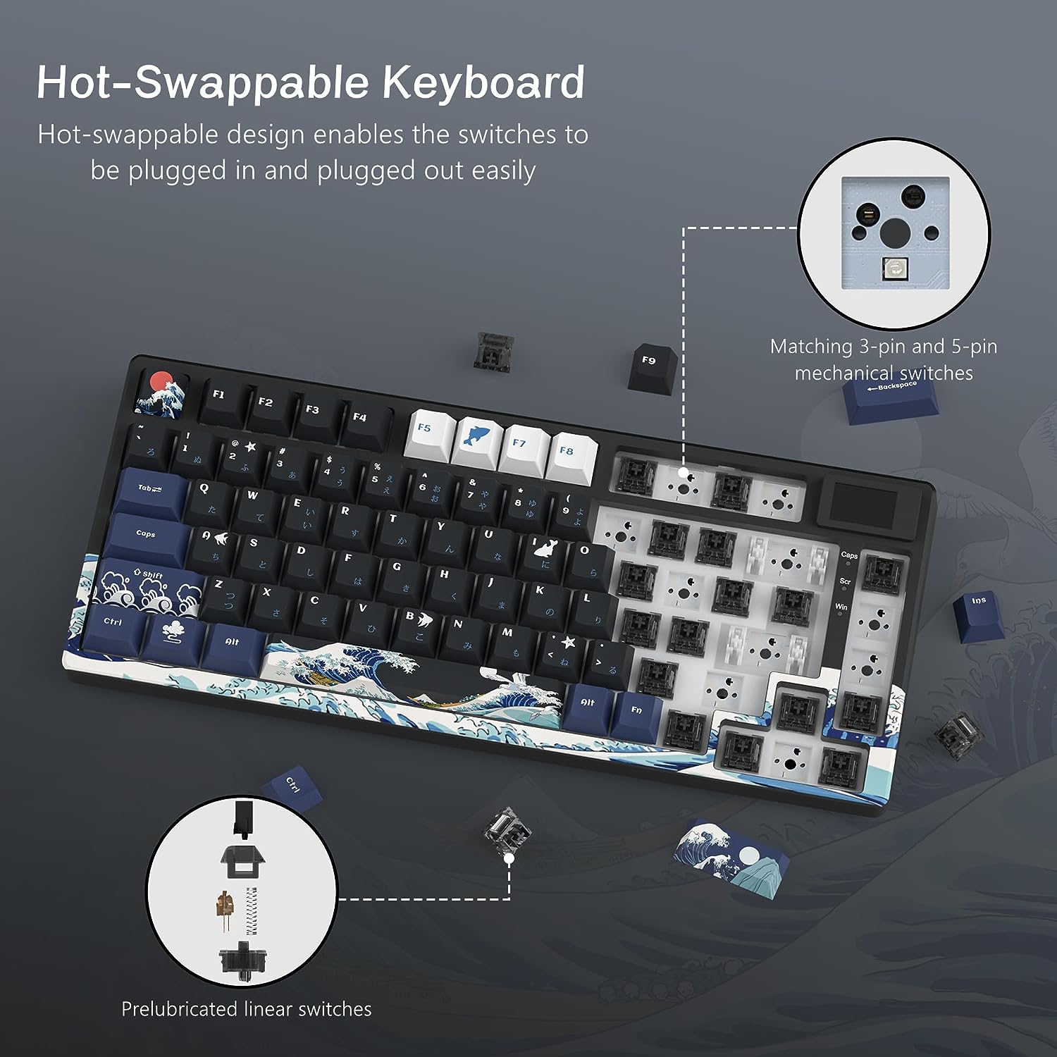 XVX S-K80 75% Keyboard with Color OLED Display Mechanical Gaming Keyboard, Hot Swappable Keyboard, Gasket Mount RGB Custom Keyboard, Pre-lubed Stabilizer for Mac/Win, Black Kanagawa Theme