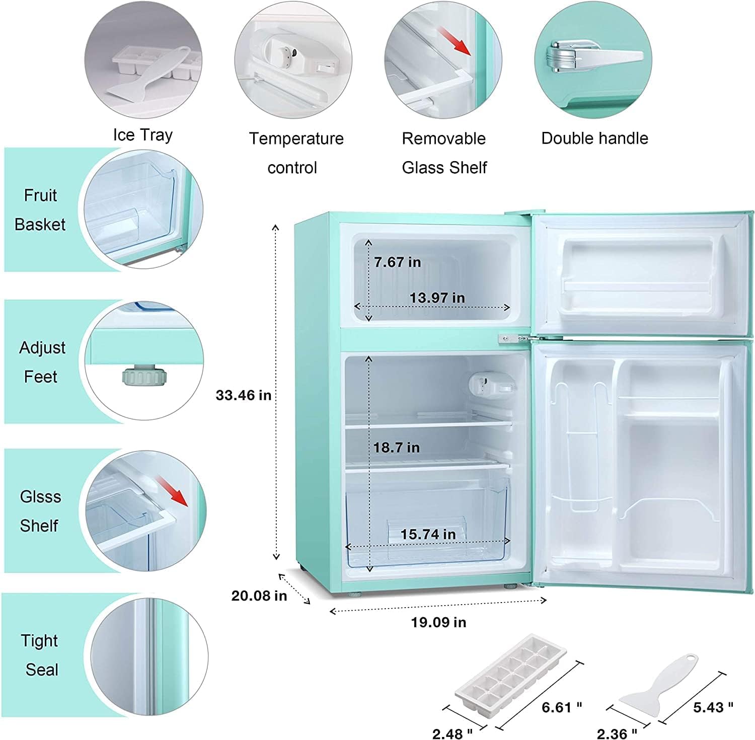 Antarctic Star Compact Mini Refrigerator Separate Freezer, Small Fridge Double 2-Door Adjustable Removable Retro Stainless Steel Shelves Garage Camper Basement/Dorm/Office 3.2 cu ft.Green