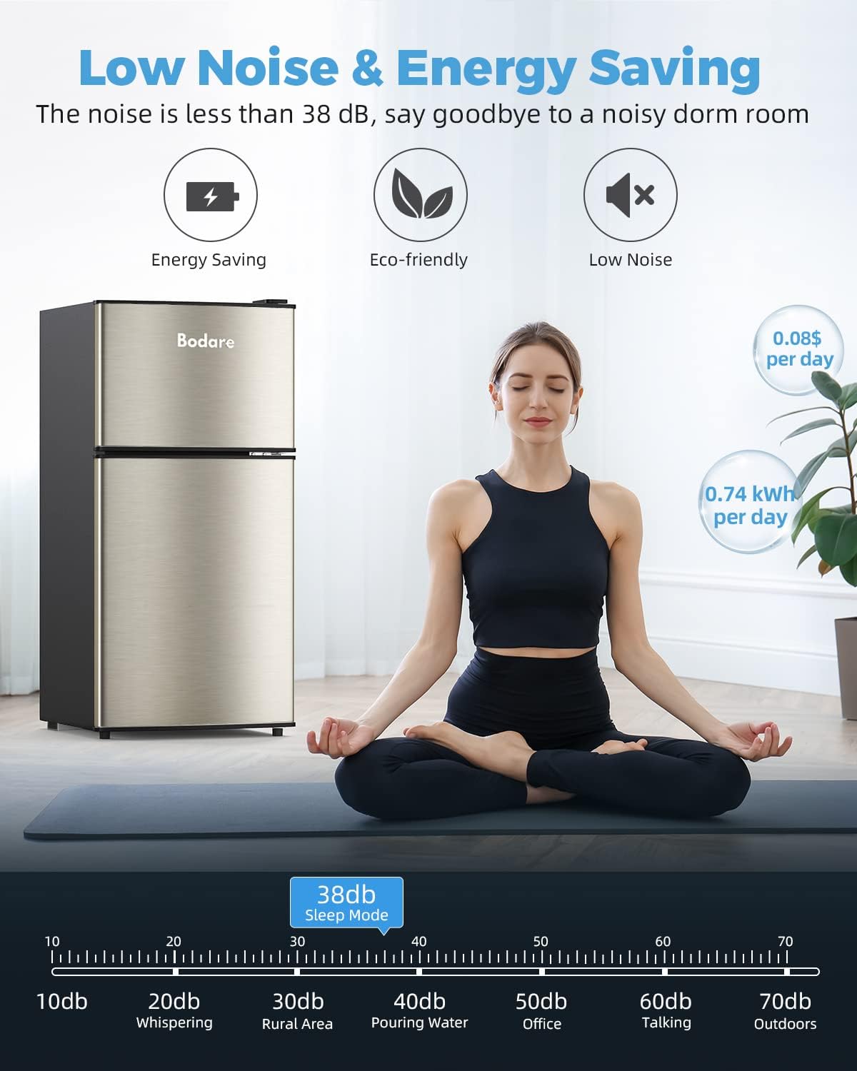 Bodare Mini Fridge with Freezer Quite: 3.2 Cu.Ft Mini Refrigerator with 2 Doors - Energy-Efficient Compact Small Refrigerator - for Bedroom Dorm Office Apartment (Champagne)