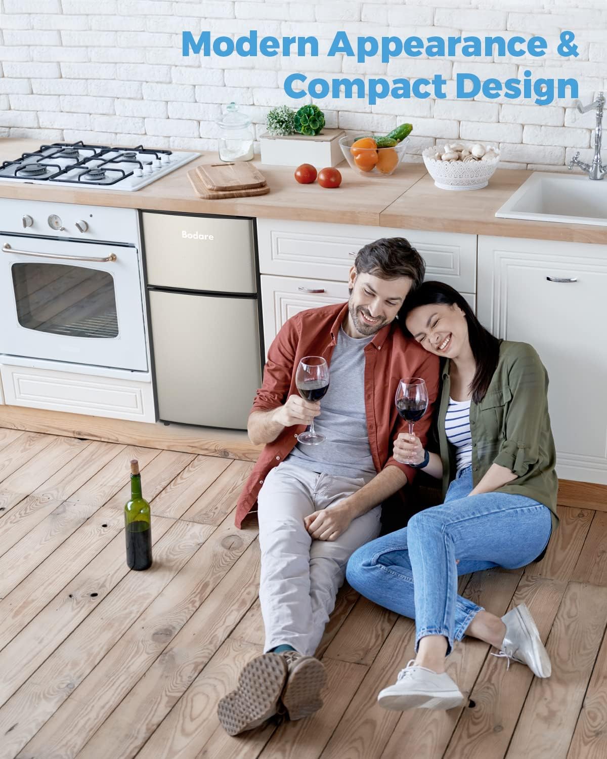 Bodare Mini Fridge with Freezer Quite: 3.2 Cu.Ft Mini Refrigerator with 2 Doors - Energy-Efficient Compact Small Refrigerator - for Bedroom Dorm Office Apartment (Champagne)