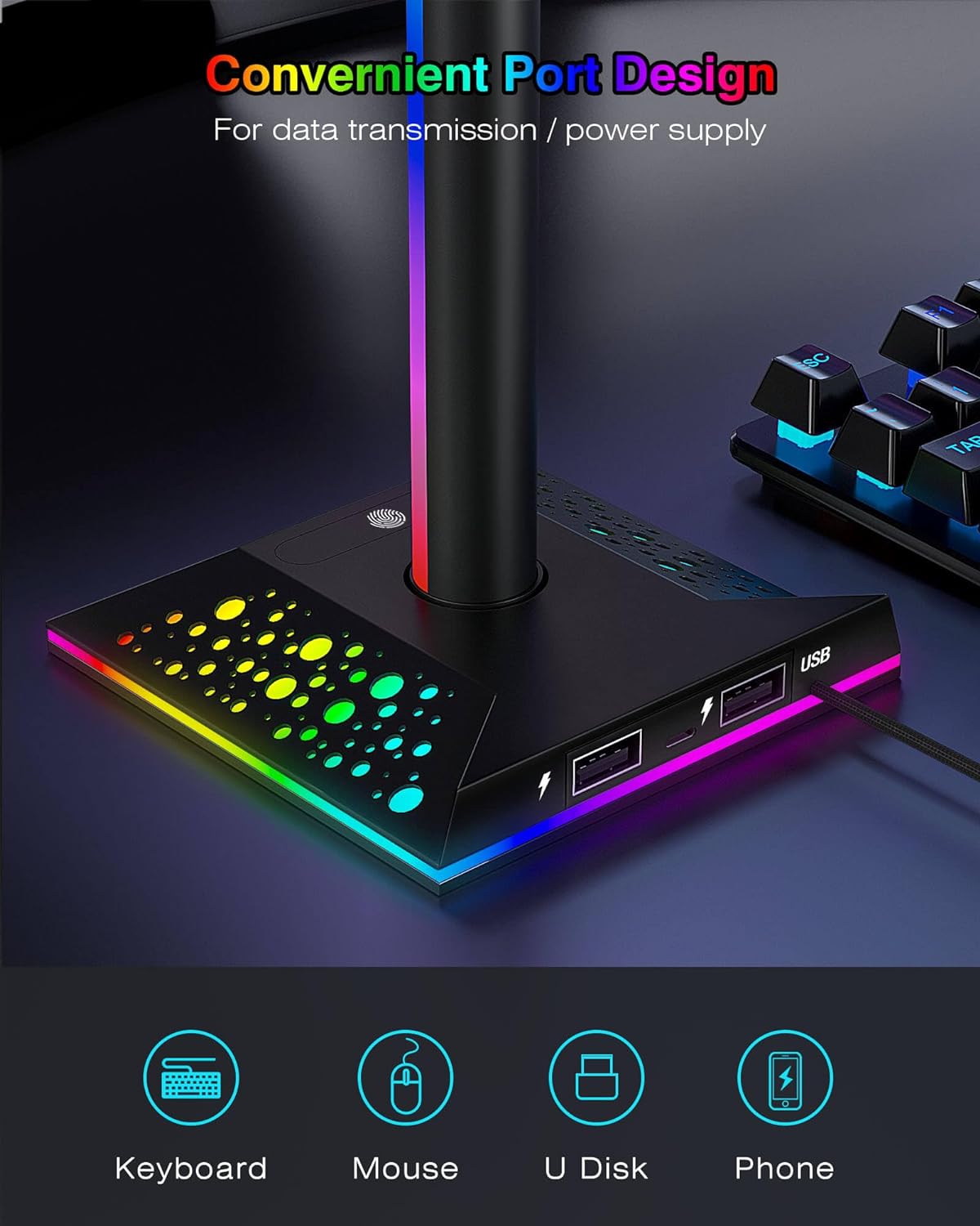 Gaming Headphone Stand PC Accessories - RGB Headset Stand with 2 USB Charger, Cool LED Headphone Holder PC Gaming Accessories Gift for Boys Men Gamers, Computer Game Hardware for Desk