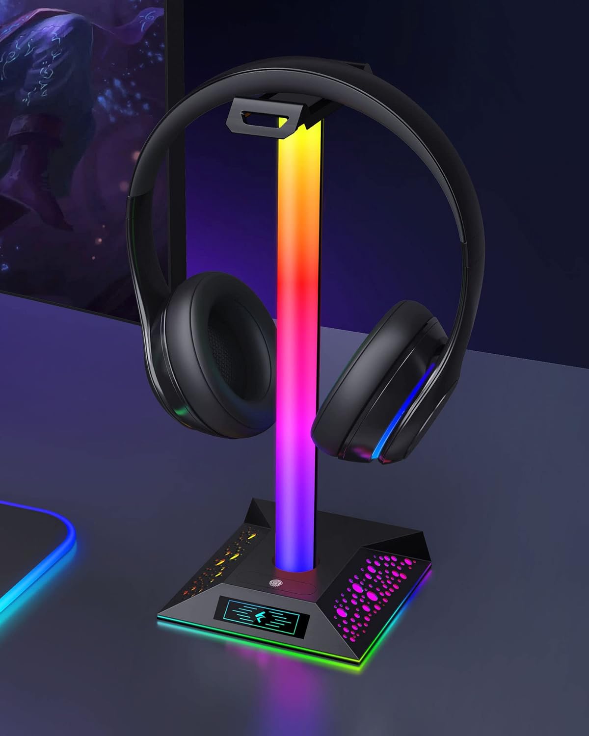 Gaming Headphone Stand PC Accessories - RGB Headset Stand with 2 USB Charger, Cool LED Headphone Holder PC Gaming Accessories Gift for Boys Men Gamers, Computer Game Hardware for Desk