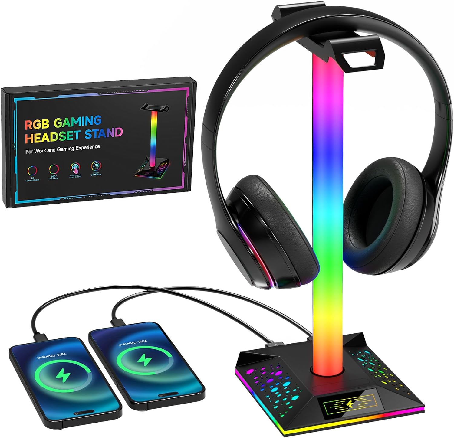 Gaming Headphone Stand PC Accessories - RGB Headset Stand with 2 USB Charger, Cool LED Headphone Holder PC Gaming Accessories Gift for Boys Men Gamers, Computer Game Hardware for Desk